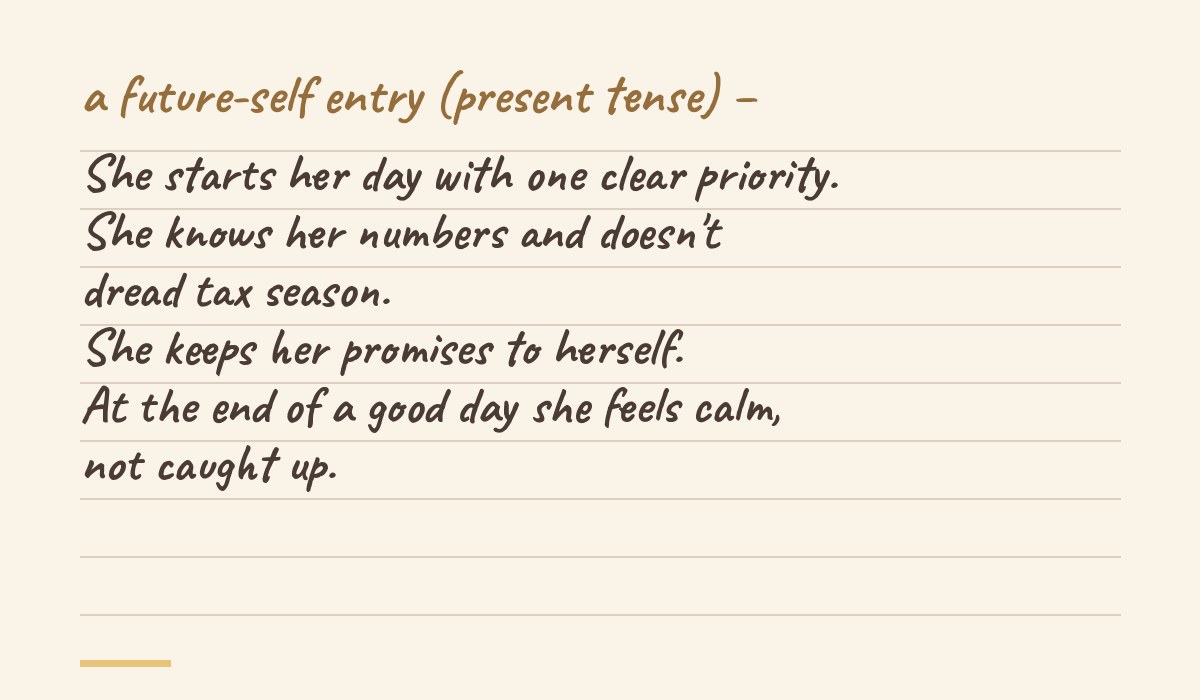 A handwritten-style future-self journal entry written in the present tense