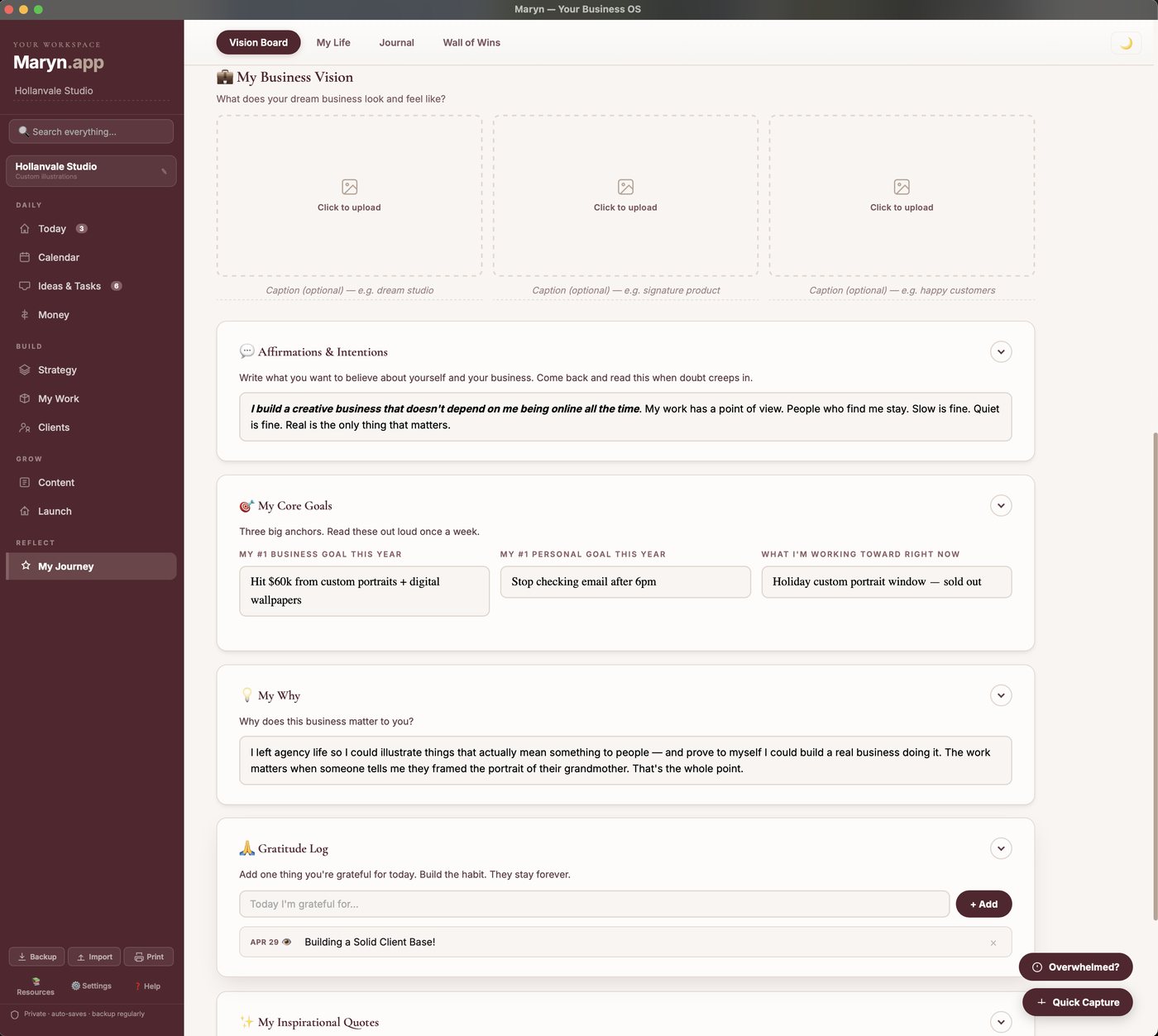 My Journey in Maryn showing the affirmations, core goals, my why and gratitude log on one page