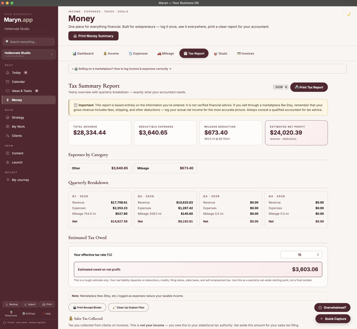 Maryn's tax summary report with a quarterly breakdown and estimated tax owed