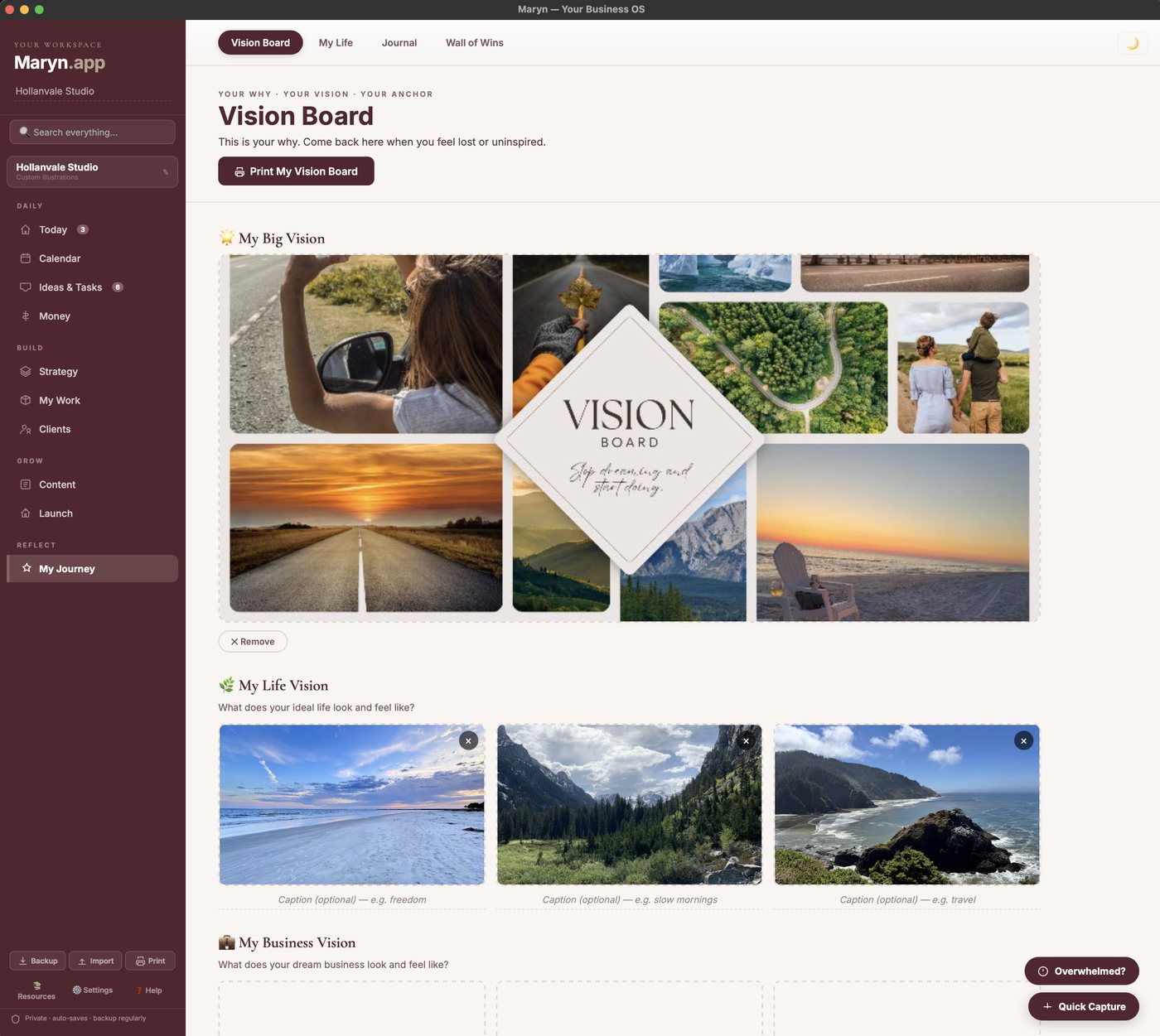 The full My Journey vision board page in Maryn with Big Vision, Life Vision and Business Vision sections