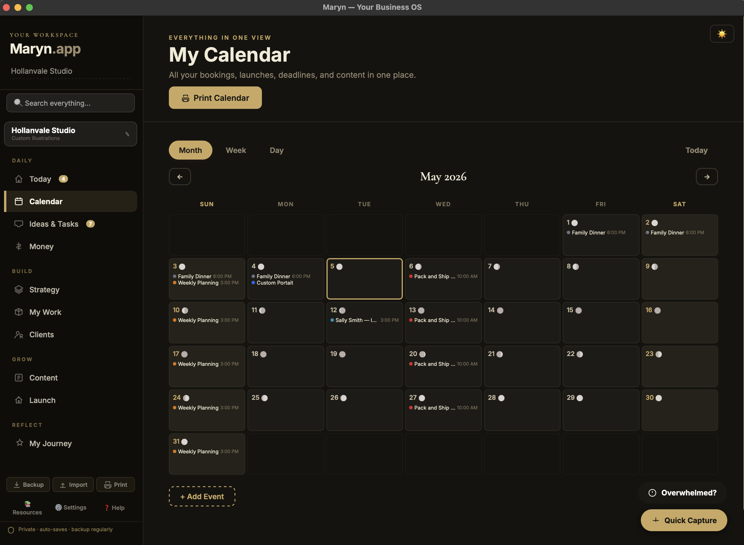 Moon phases on the Maryn calendar in dark mode