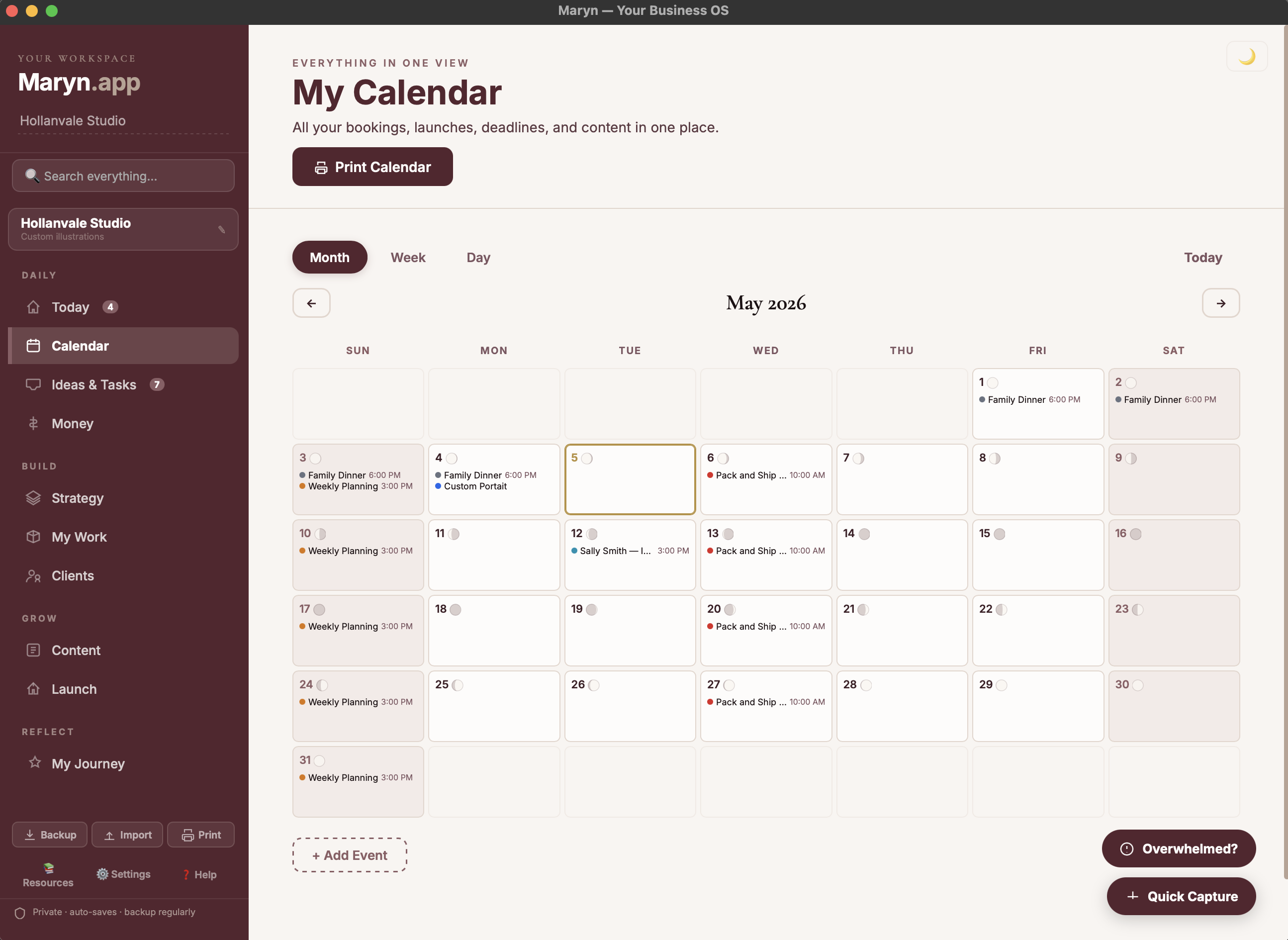 Moon phases on the Maryn calendar in light mode