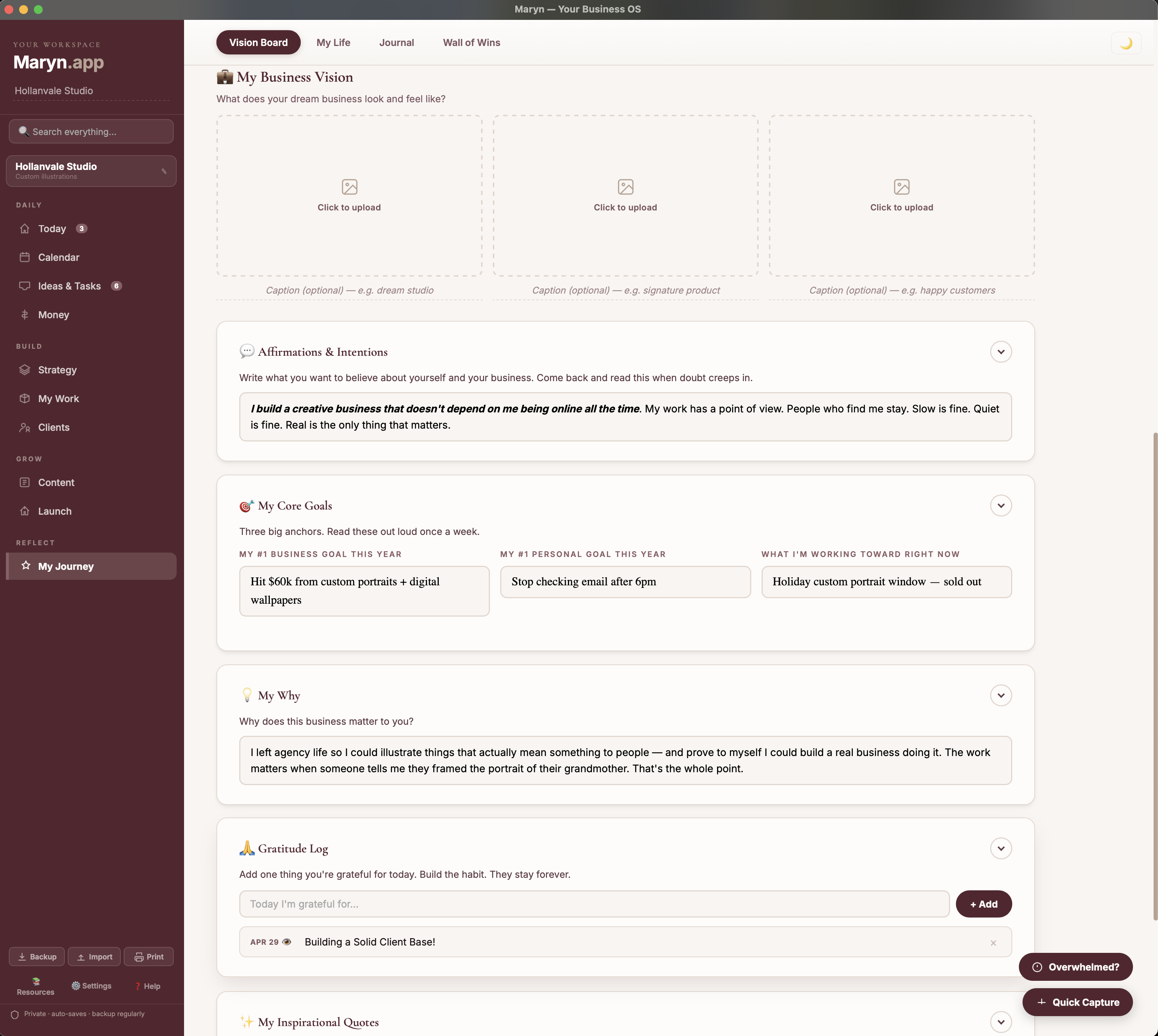 Affirmations, Core Goals, and My Why fields filled in — affirmation about building a creative business, three core goals for the year, and a written purpose statement