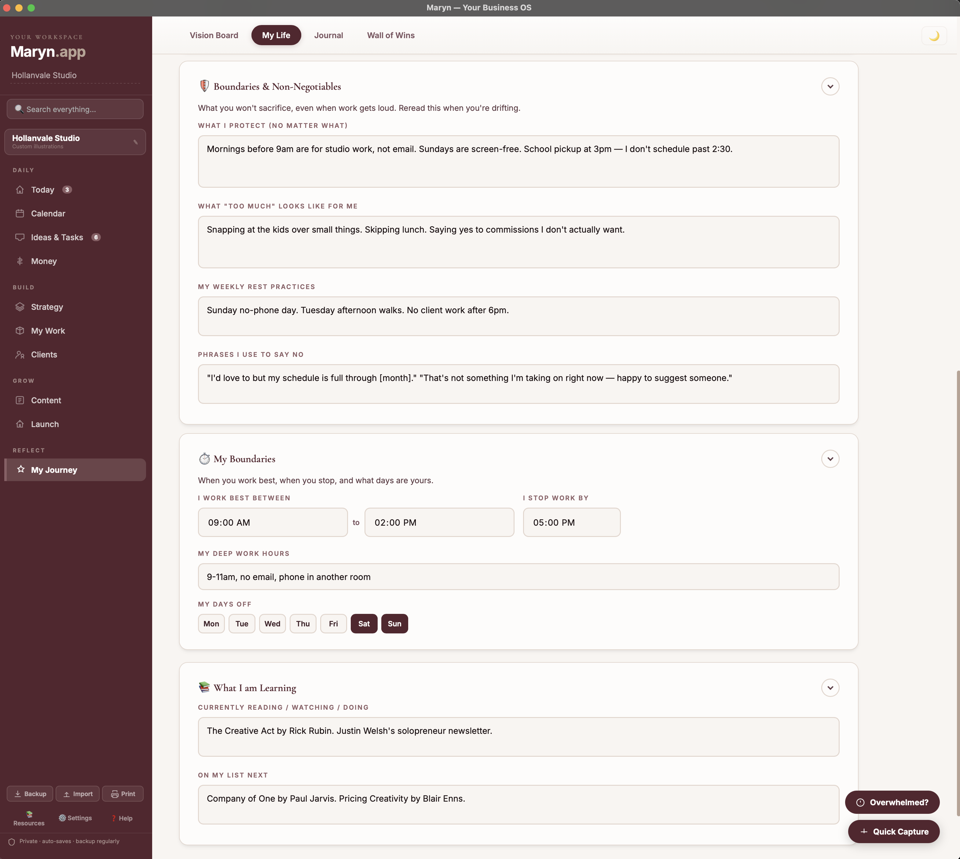 My Life boundaries view in Maryn — what you protect, what too much looks like, weekly rest practices, work hours, deep work hours, and days off