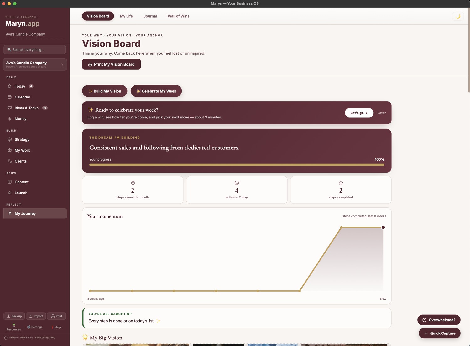 Vision Board showing the momentum chart, progress stats, and Future Self identity highlight