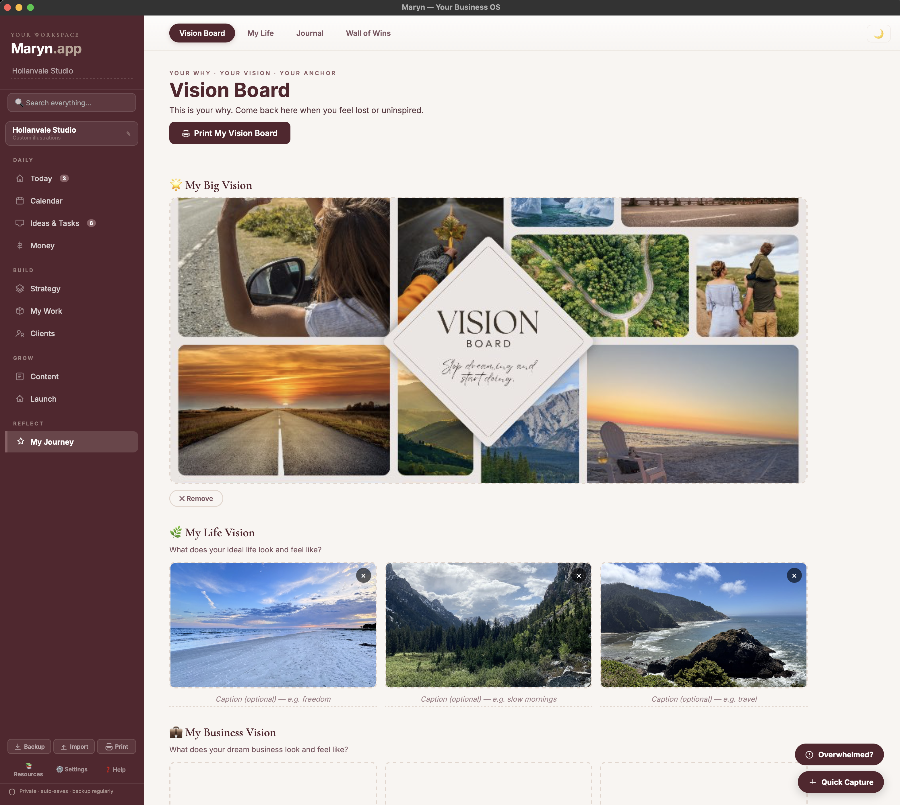Vision Board in Maryn — visual mood board collage with Life Vision photos for freedom, slow mornings, and travel