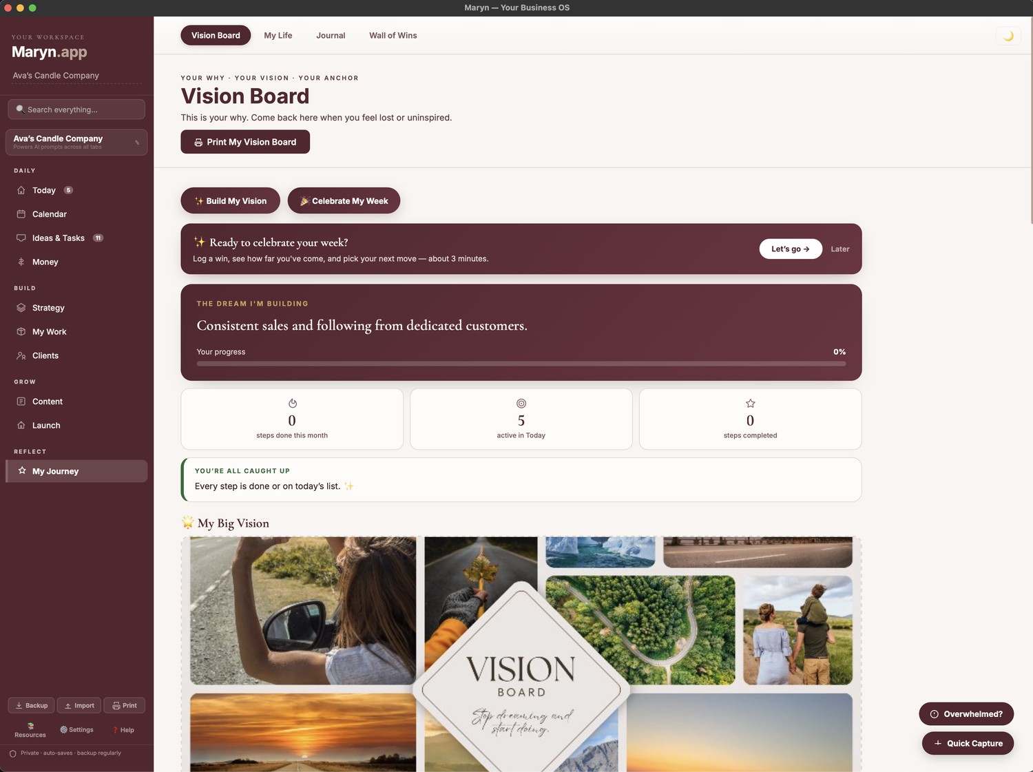 Maryn My Journey — Vision Board with dream banner, goals, and Build My Vision button