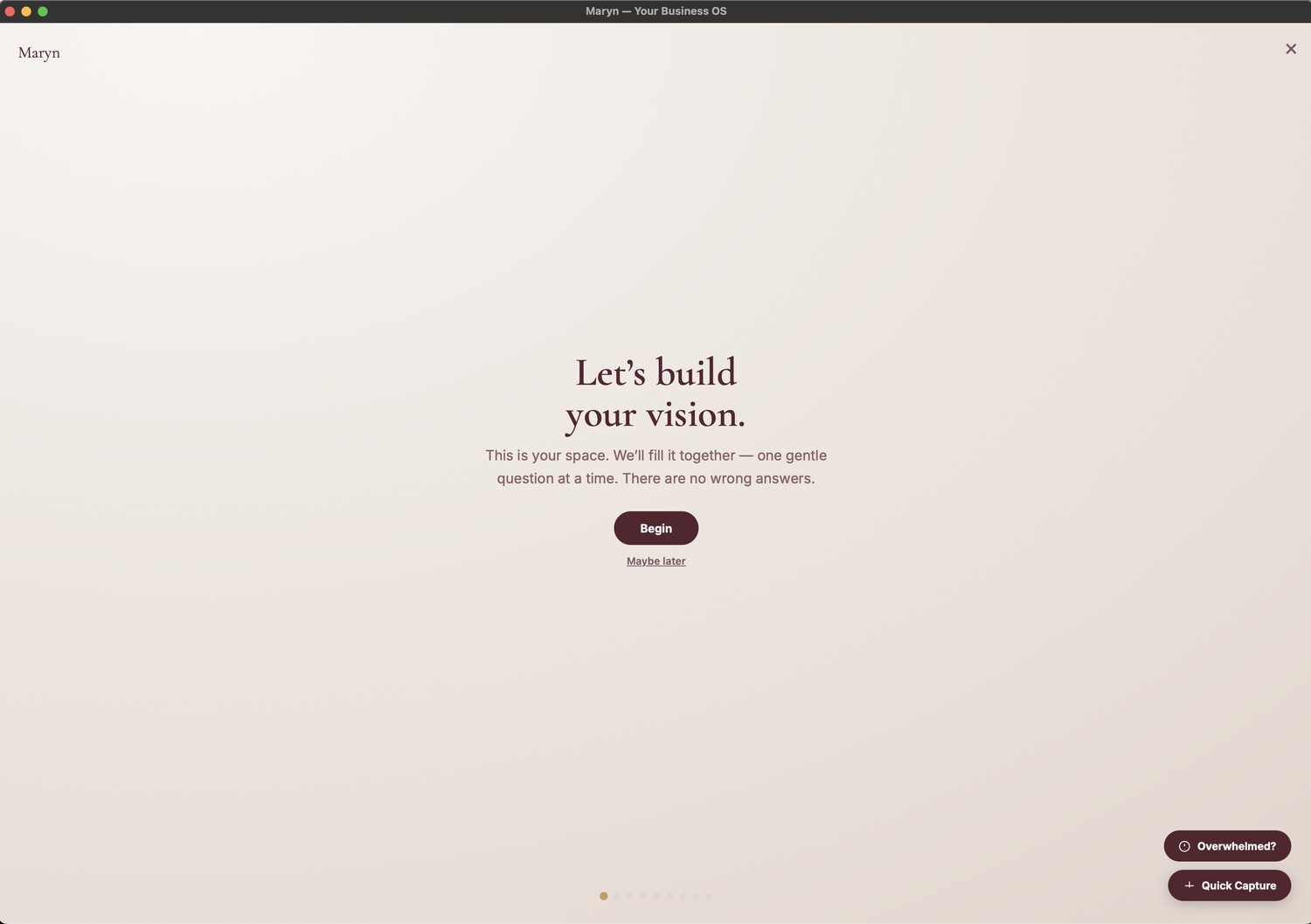 Build Your Vision wizard start screen — 'Let's build your vision' with a Begin button