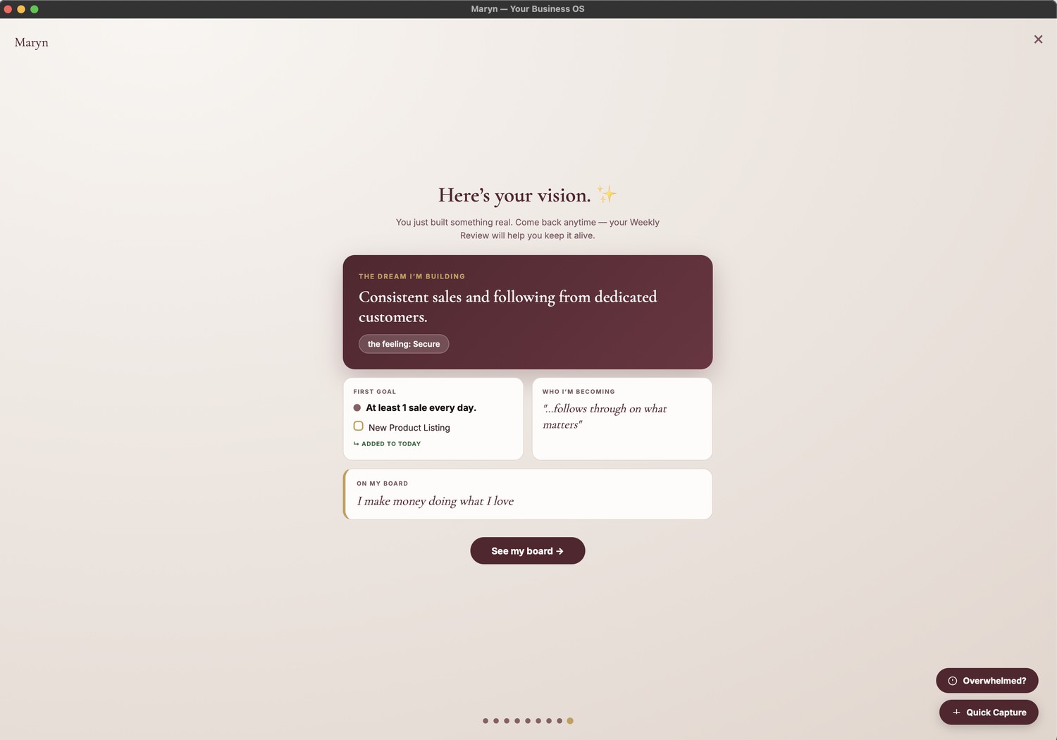 Build Your Vision wizard result screen showing a completed dream, first goal, first step, and identity statement