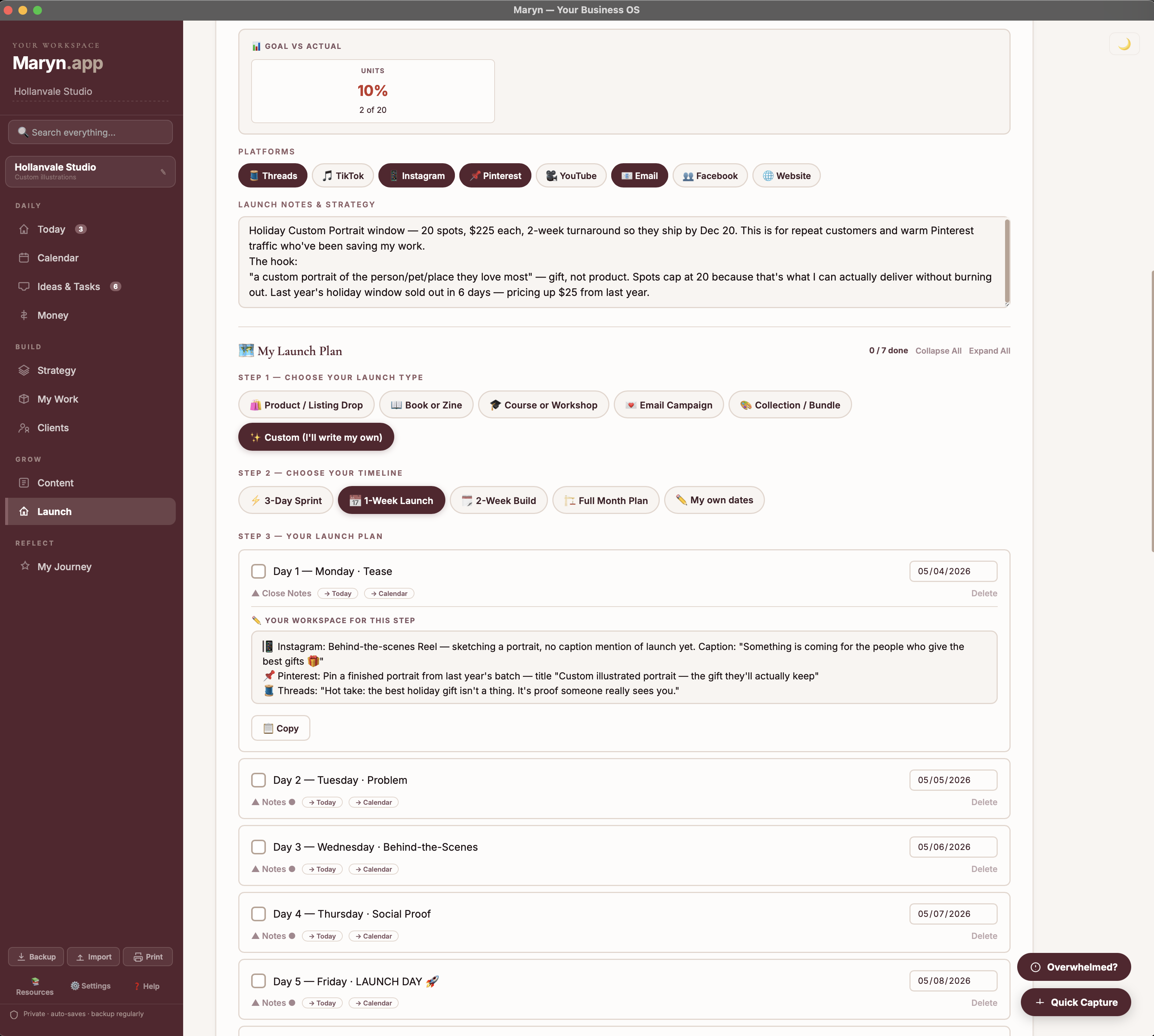 Generated 7-day launch plan in Maryn — Day 1 expanded showing Instagram Reel, Pinterest pin, and Threads post drafted in place