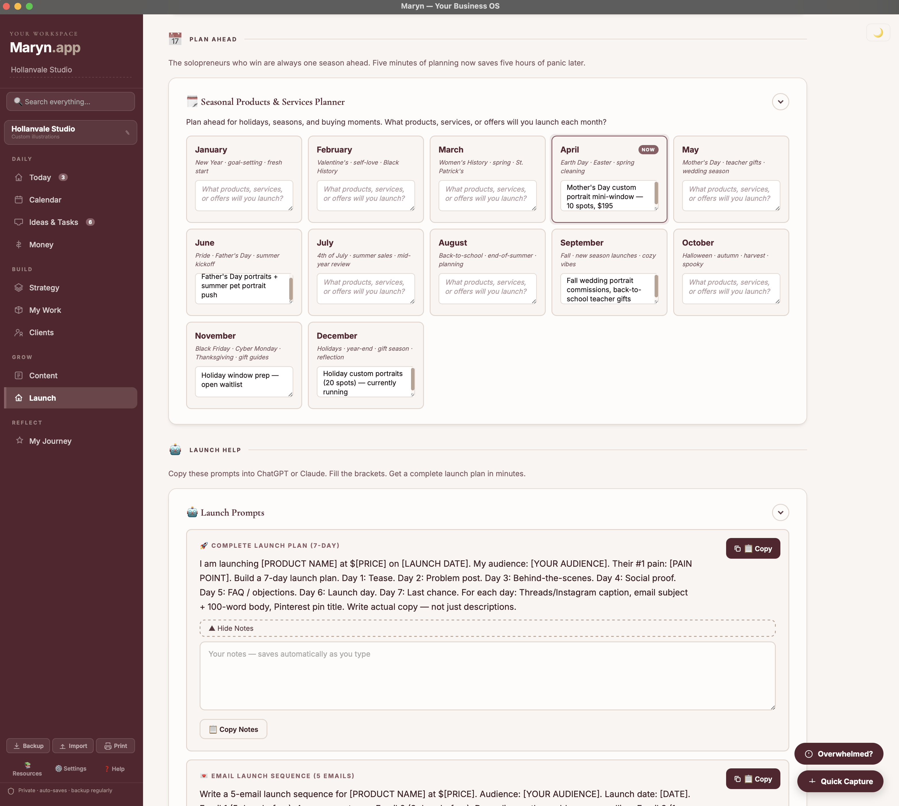 Plan Ahead view in Maryn — 12-month seasonal planner with launch ideas mapped to holidays and buying moments, plus AI launch prompts visible below