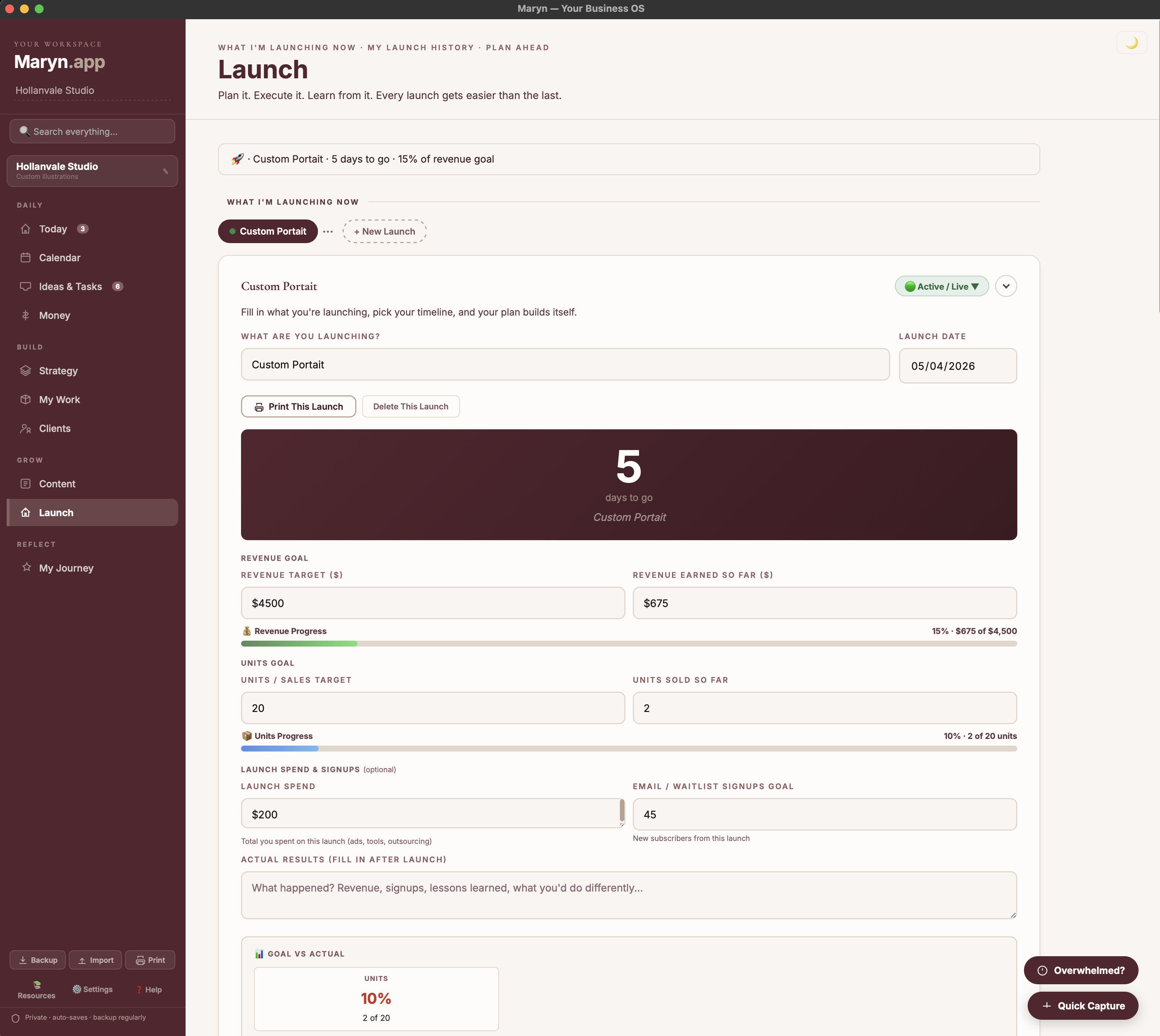 Launch tab in Maryn — Custom Portrait launch in flight, 5 days to go, $675 of $4,500 revenue goal, with the Plan Builder below
