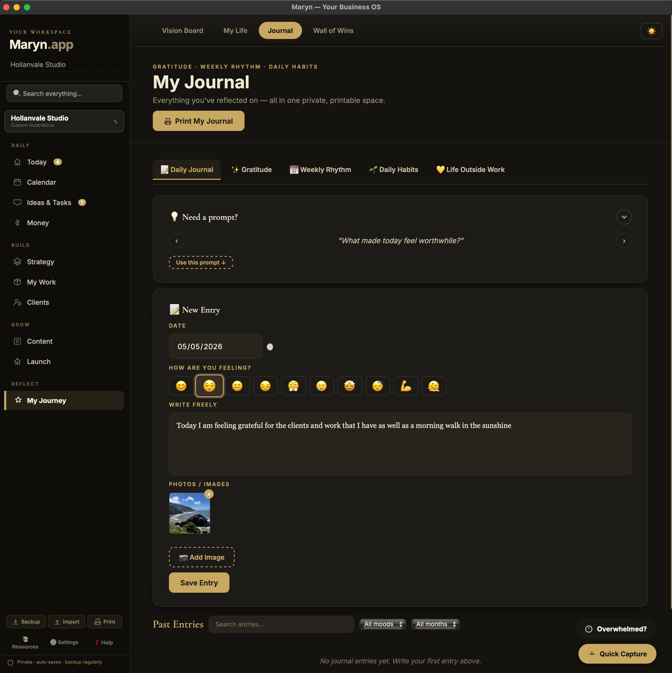 The Maryn Journal in dark mode