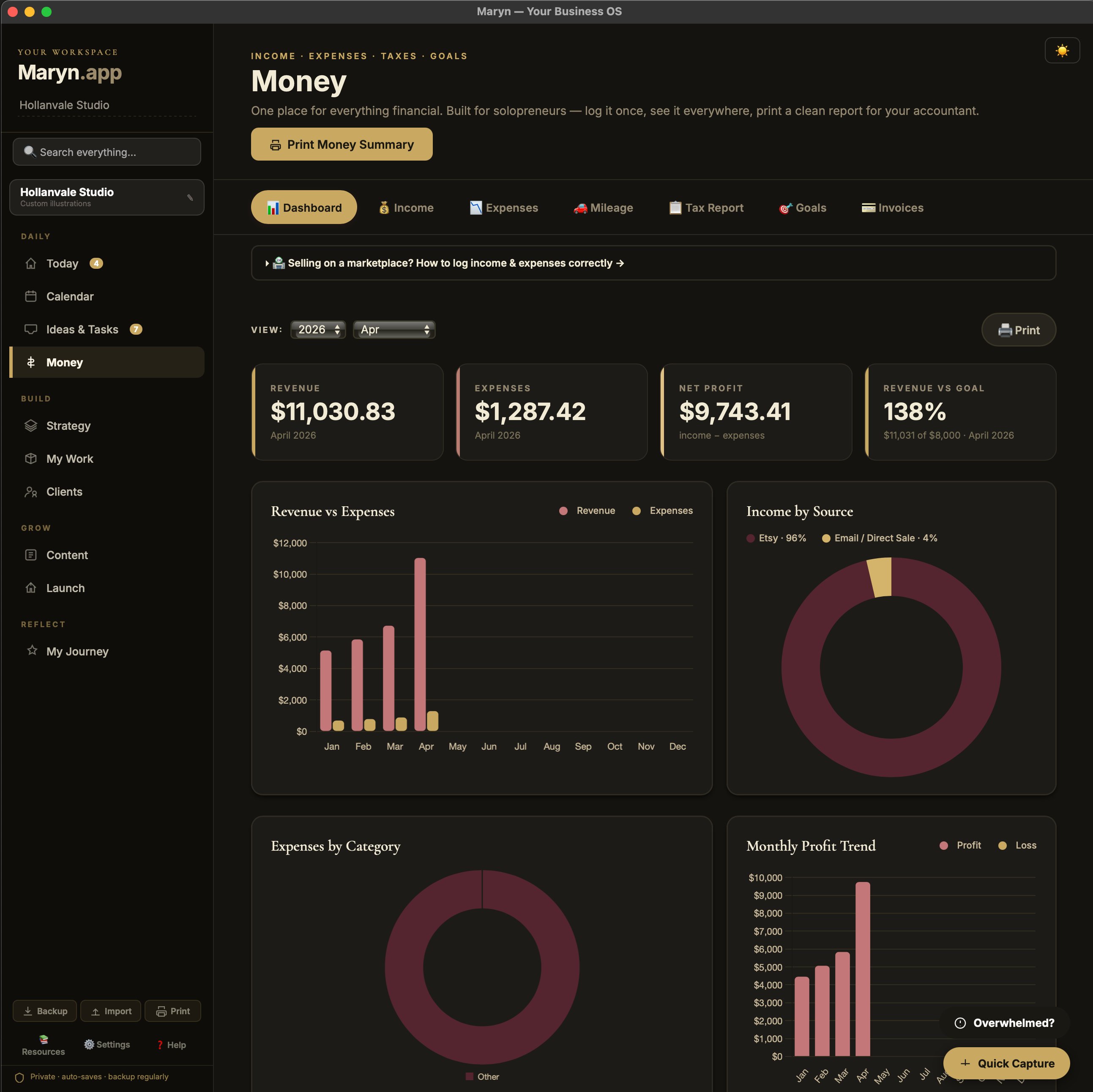 The Maryn Money dashboard in dark mode