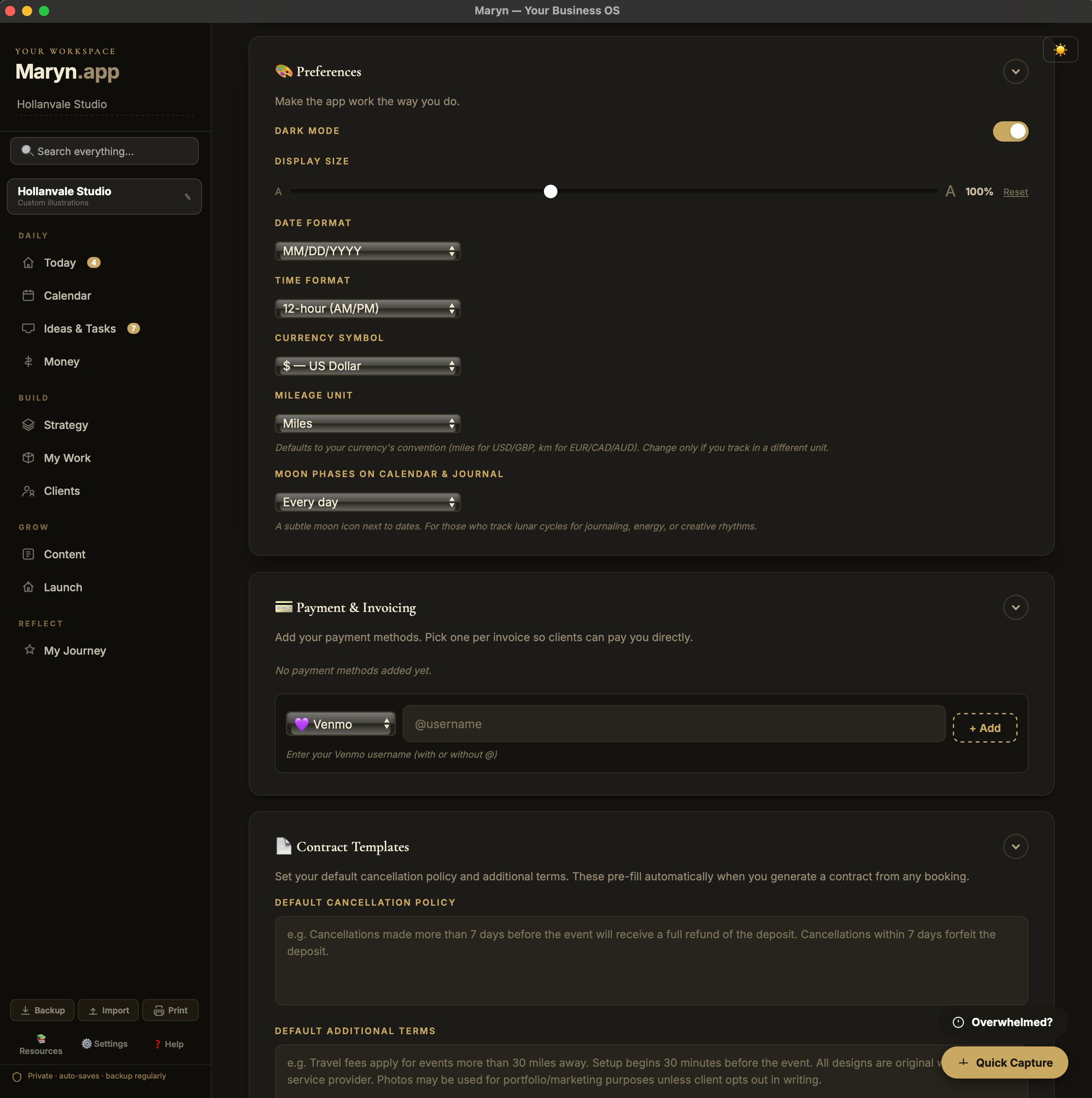 The Maryn Settings page in dark mode