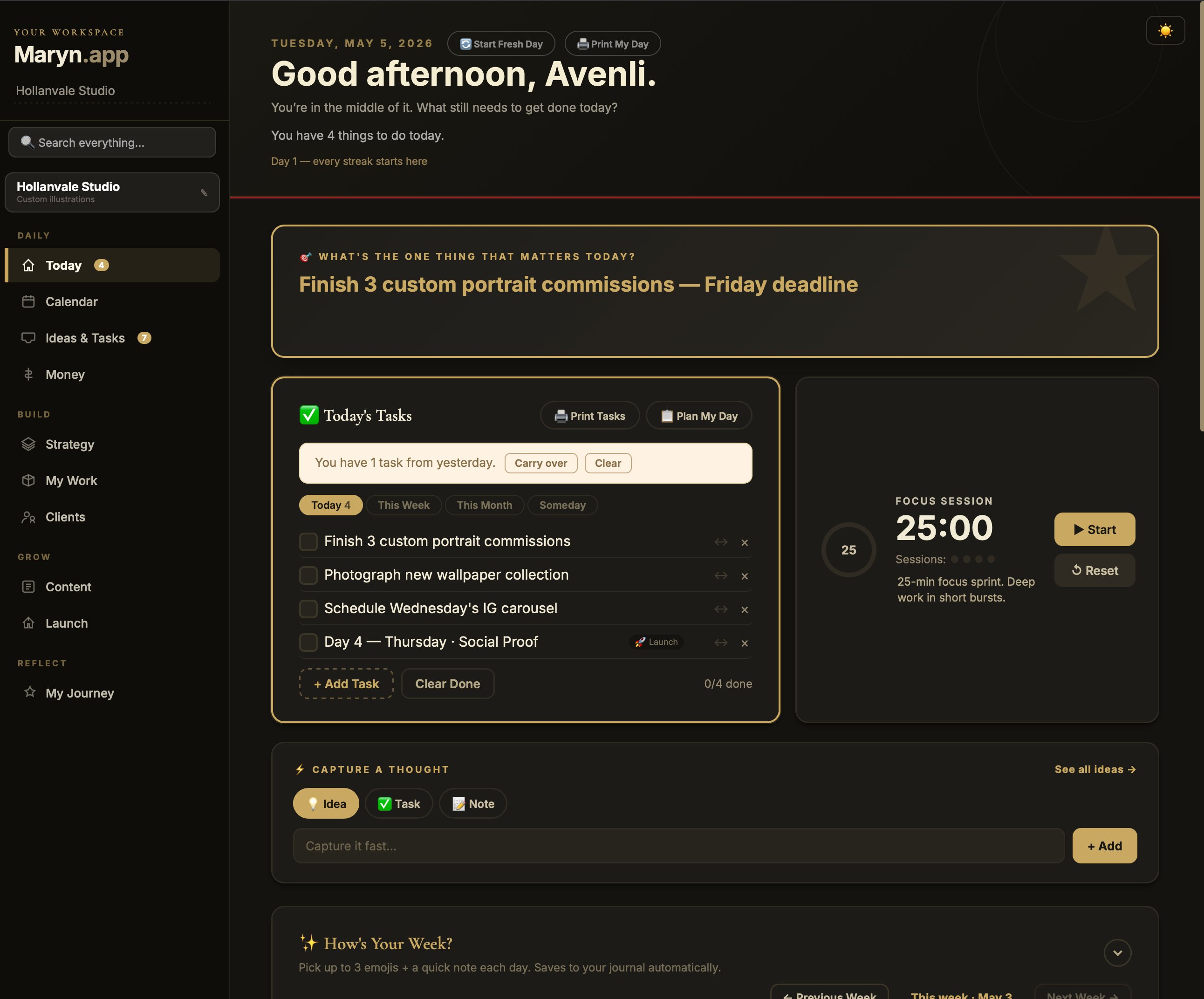 The Maryn Today page in dark mode