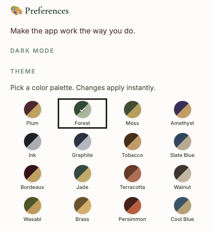 Maryn's palette picker showing sixteen color palette options