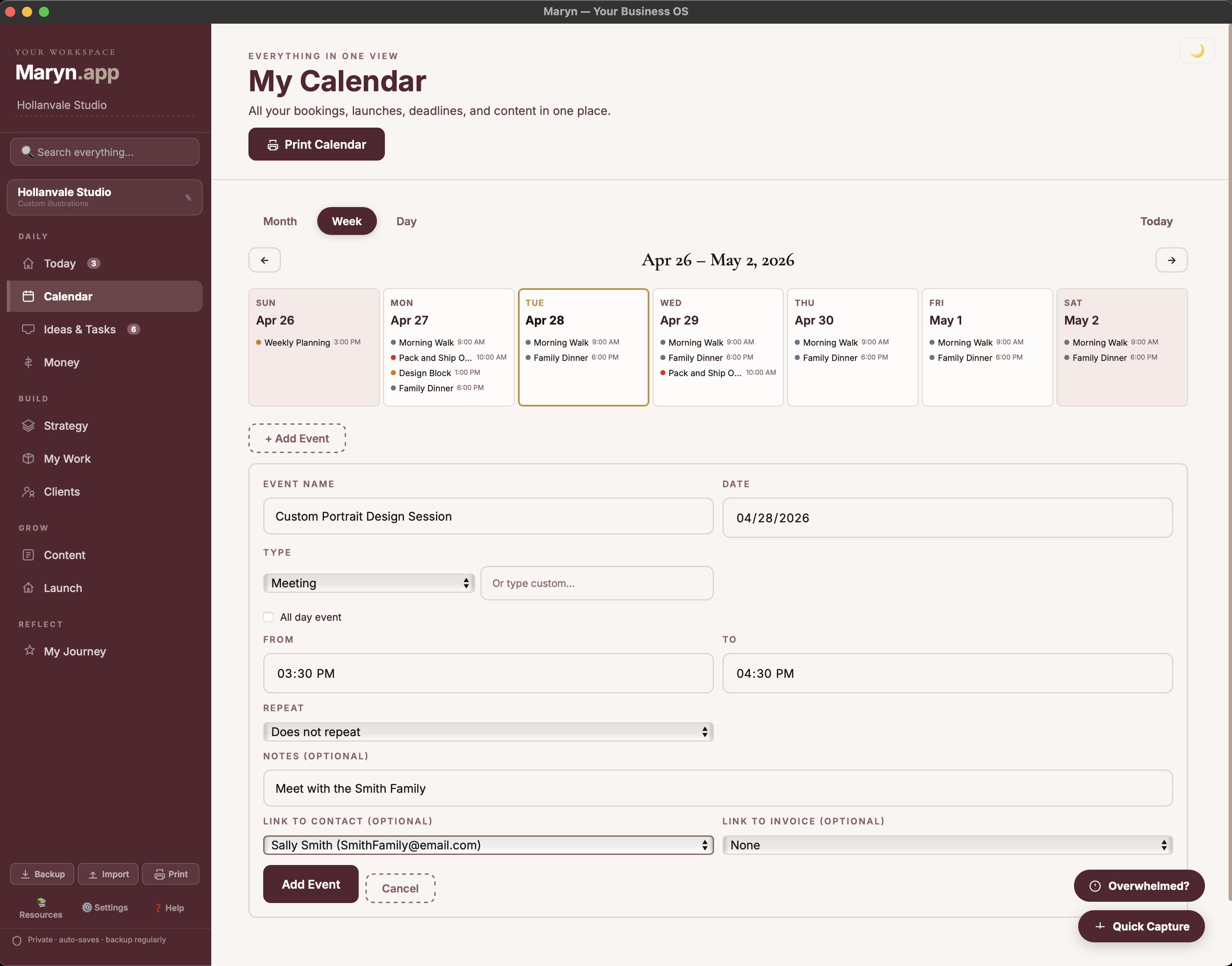 Maryn's Calendar event form showing linked contact, linked invoice, event type, and notes