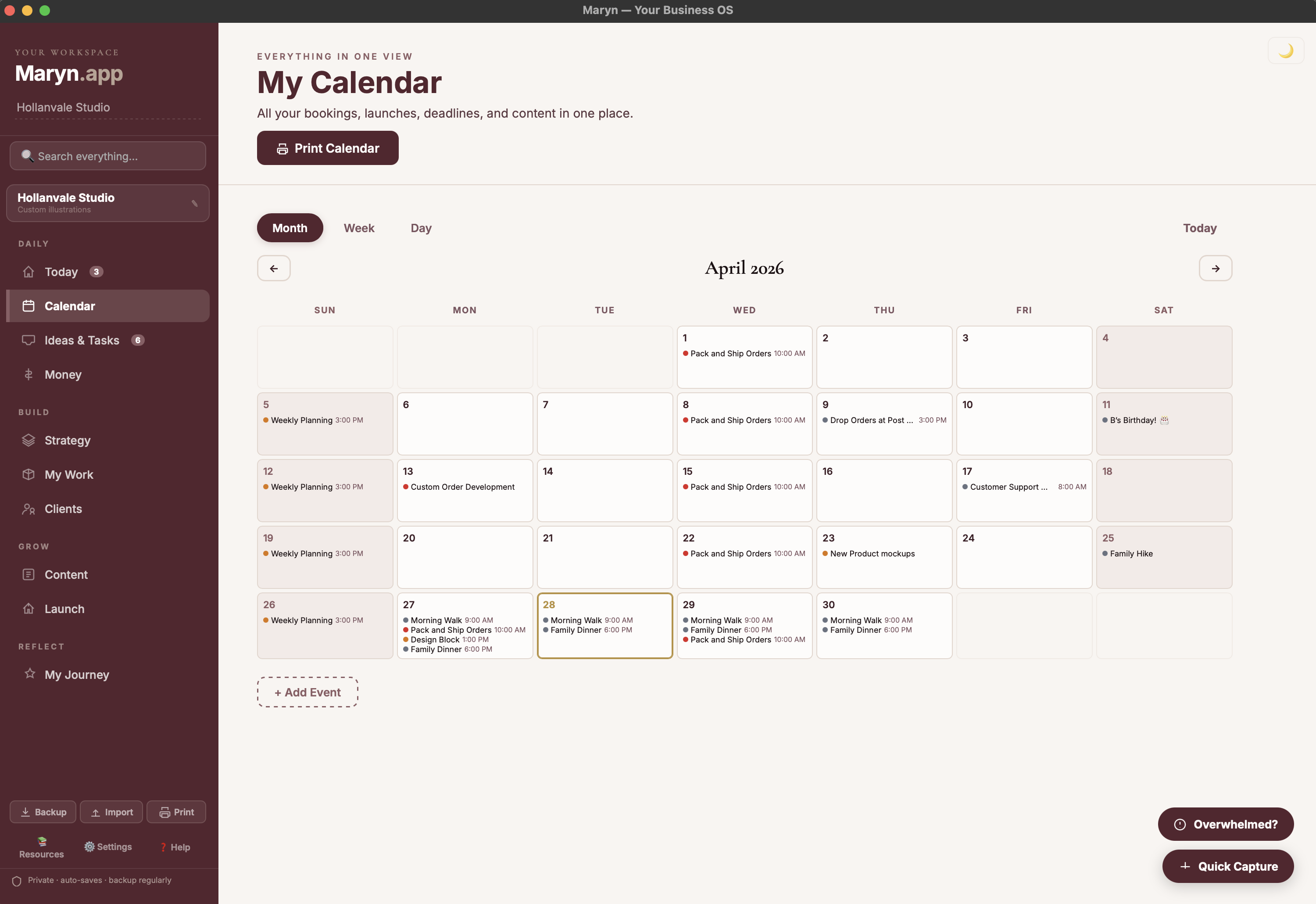 Calendar tab in Maryn showing monthly view with color-coded events