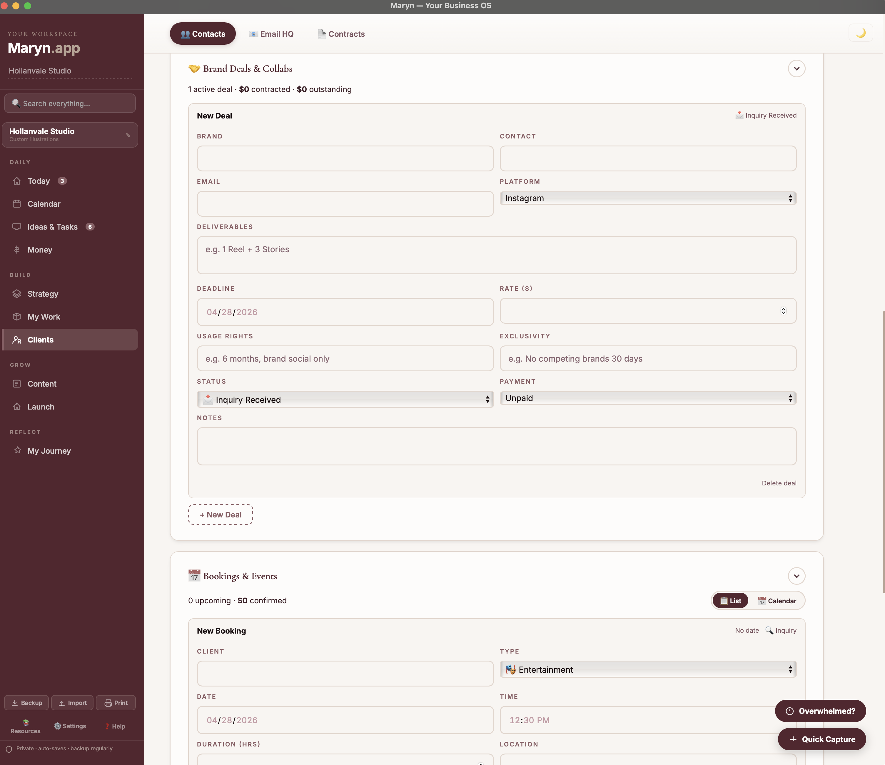 Maryn's Clients tab — brand deals tracker with deliverables, deadlines, rates, usage rights, and exclusivity