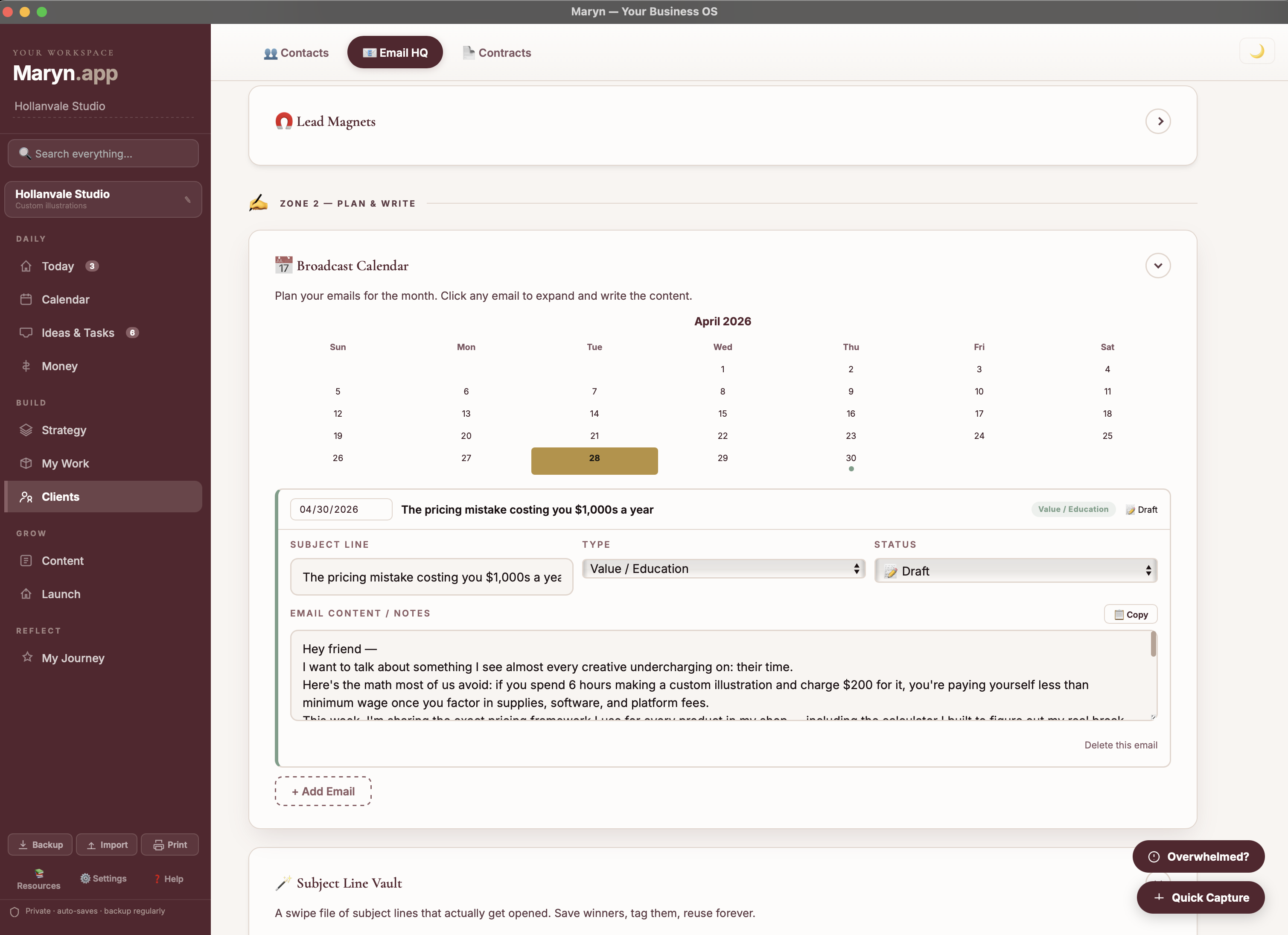 Maryn's Clients tab — Email HQ broadcast calendar with planned campaigns, subject lines, and send dates