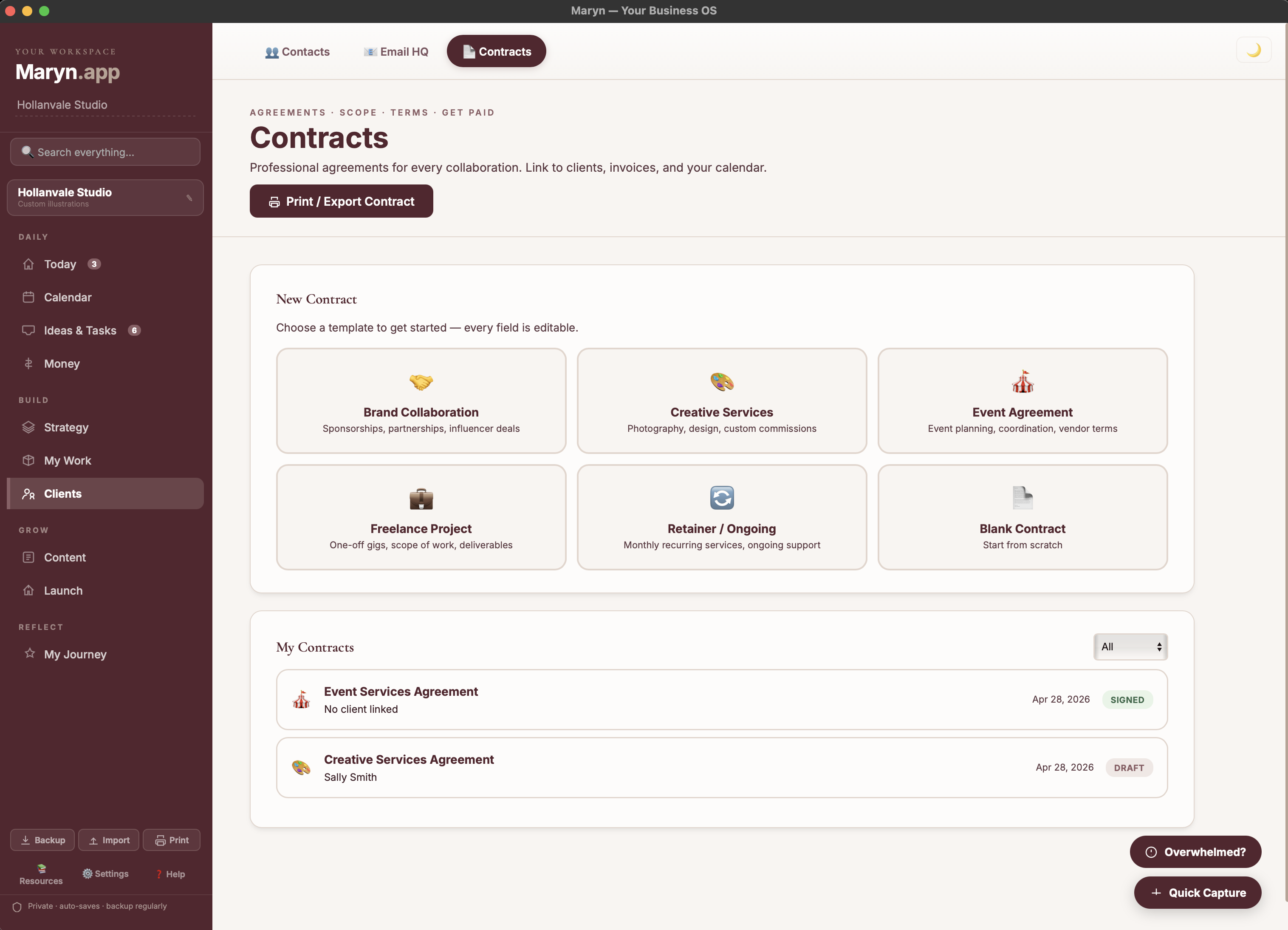 Maryn's Clients tab — six contract templates for brand collab, creative services, event, freelance, retainer, and blank