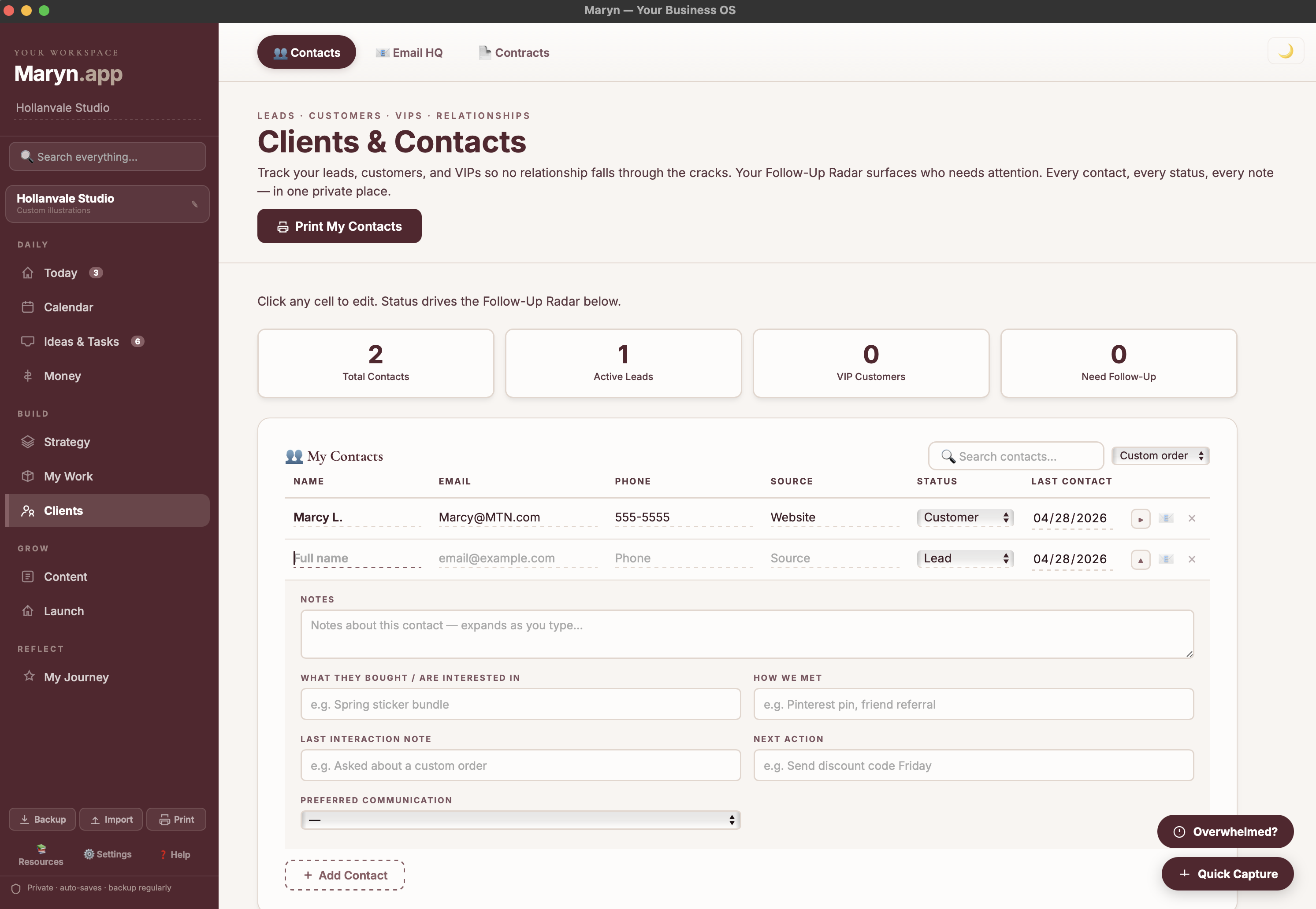 Clients tab in Maryn showing contacts, email HQ, and contracts