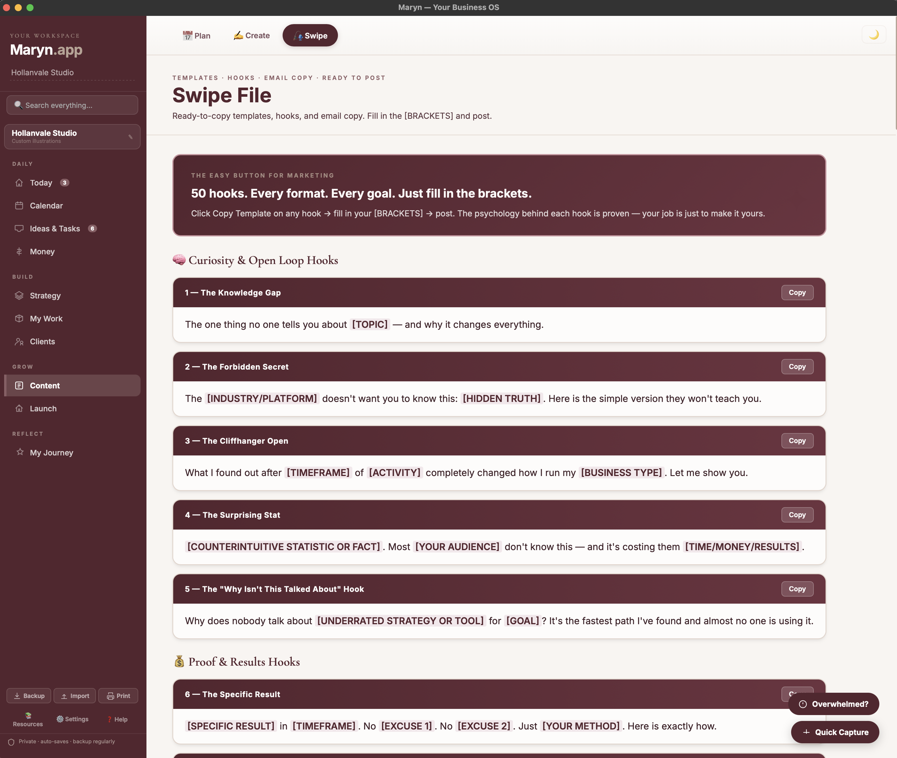 Maryn's Content tab — 50-hook swipe file organized by psychology including curiosity, proof, controversy, and story hooks