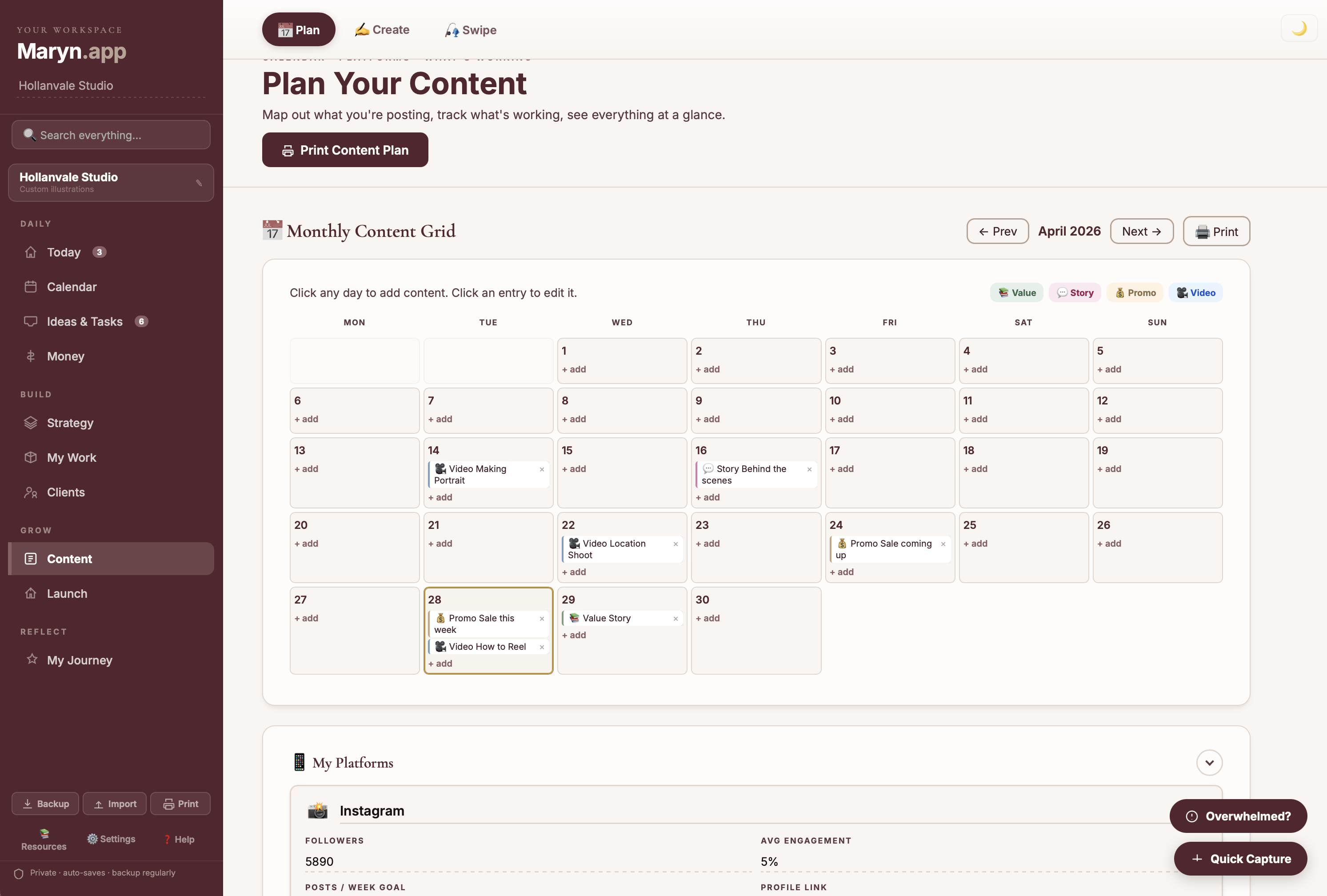 Content tab in Maryn showing content hub and platform growth tracking