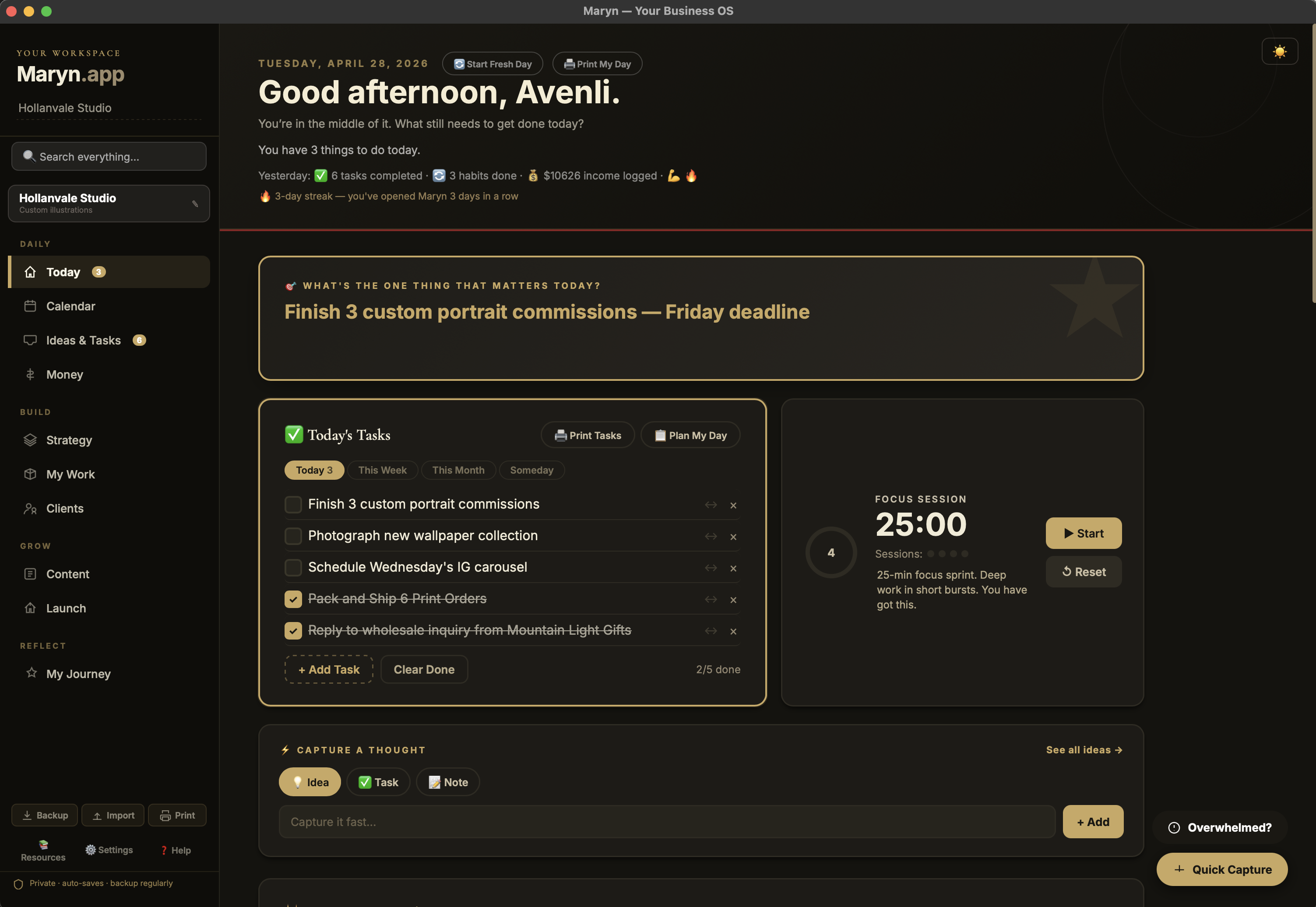 Maryn's Today tab in dark mode — easy on the eyes for late-night sessions