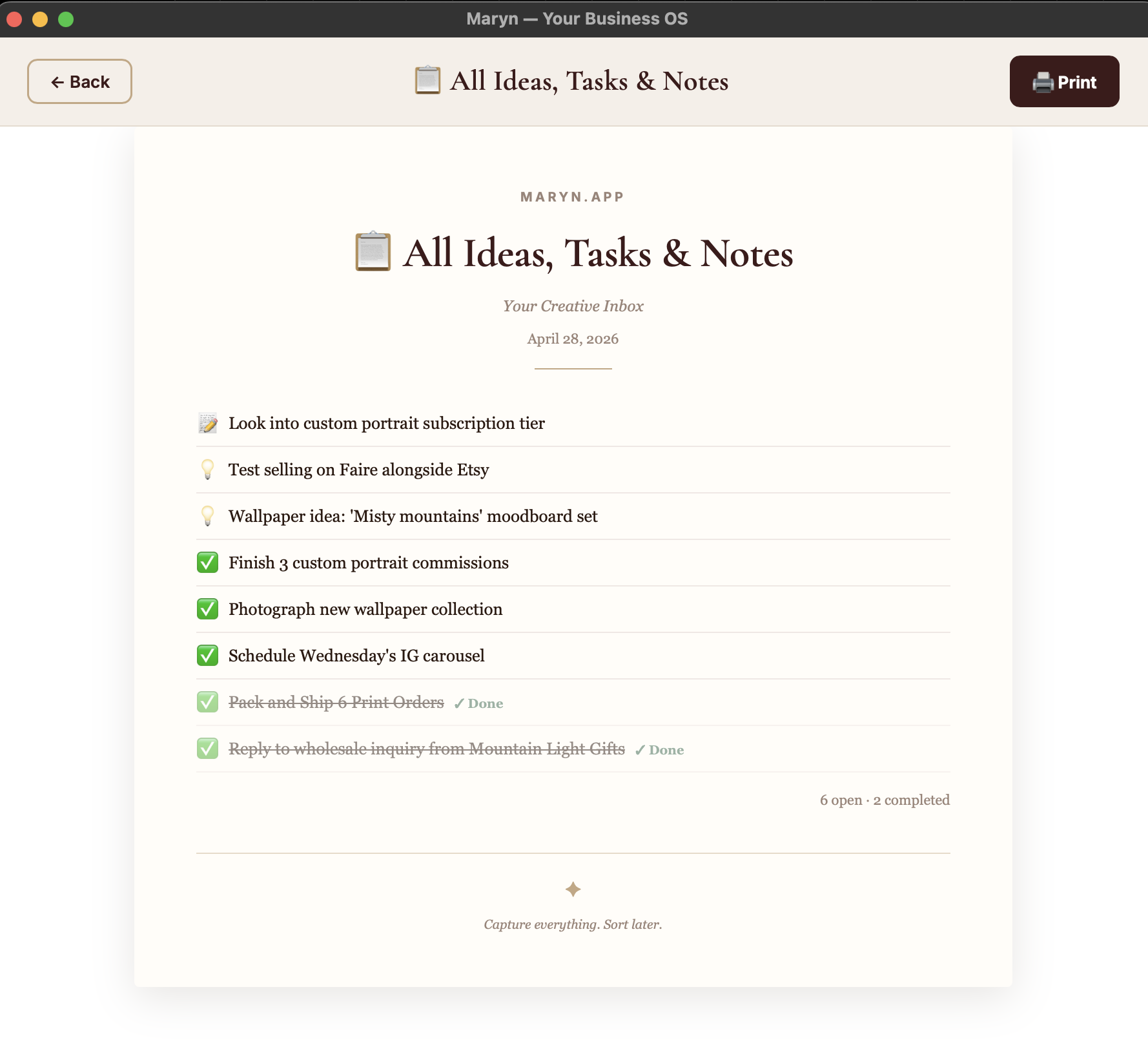 Maryn's Ideas and Tasks print view — a beautifully styled, branded artifact ready for paper