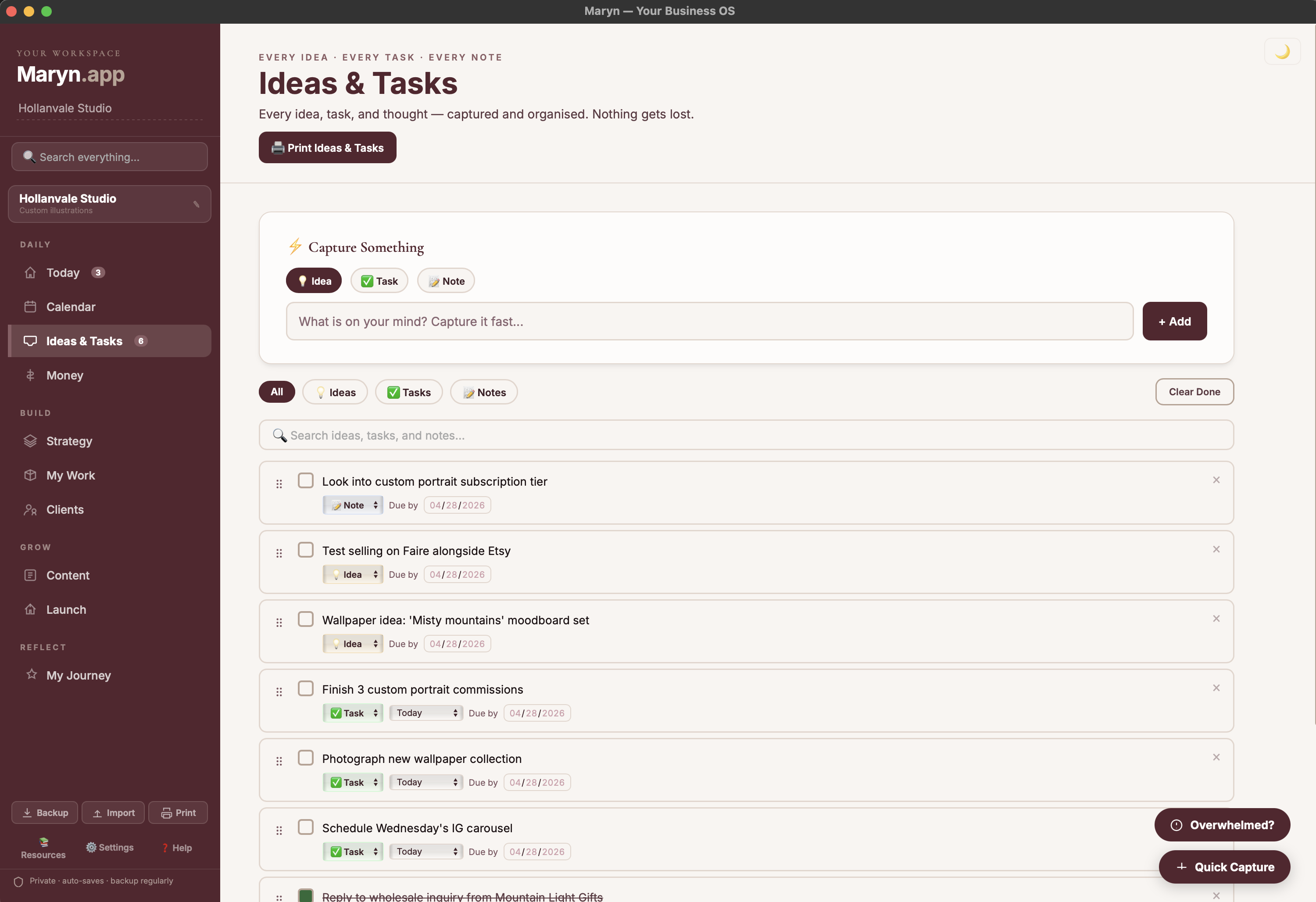 Ideas and Tasks tab in Maryn showing quick capture inbox