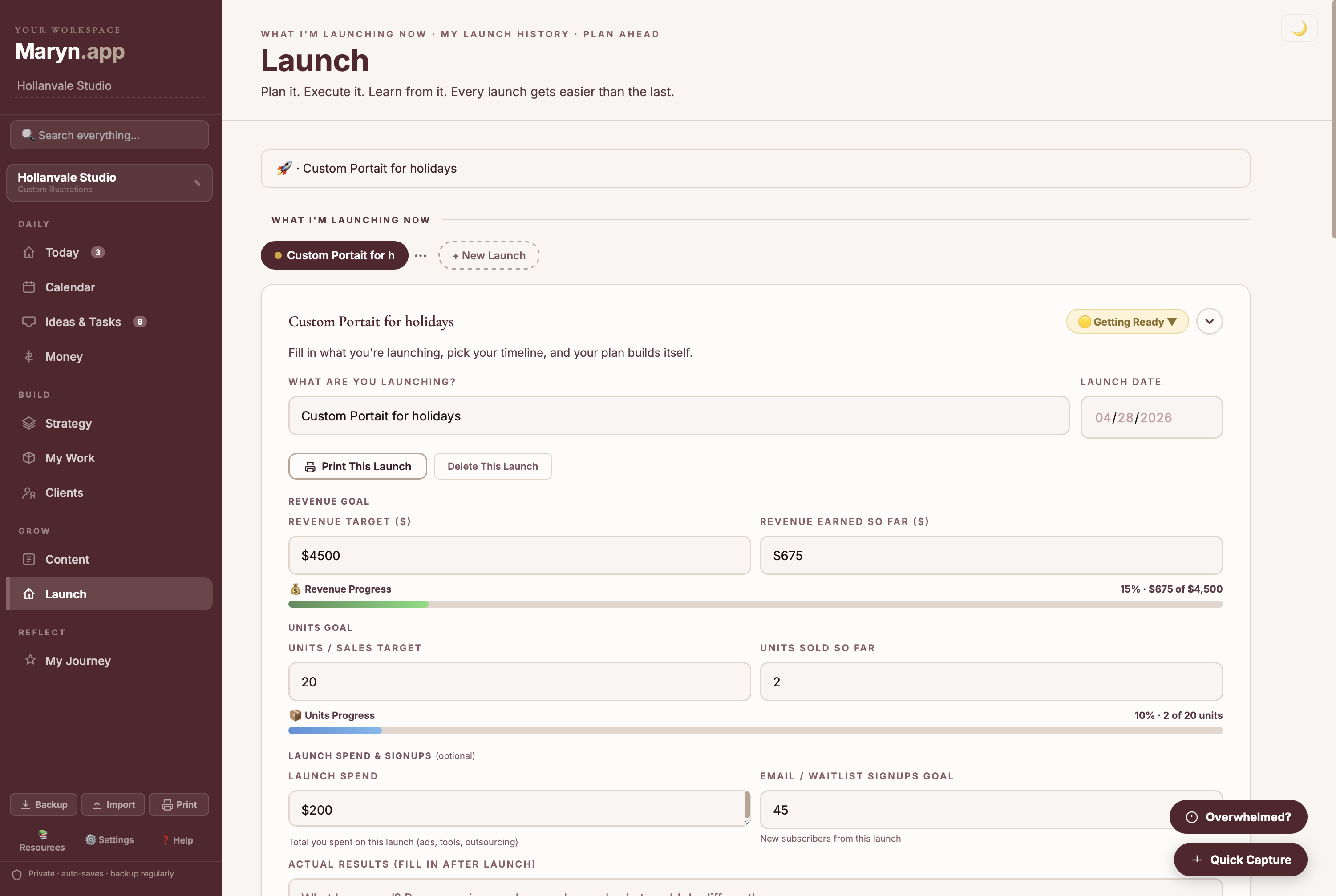 Launch tab in Maryn showing campaign tracker and countdown