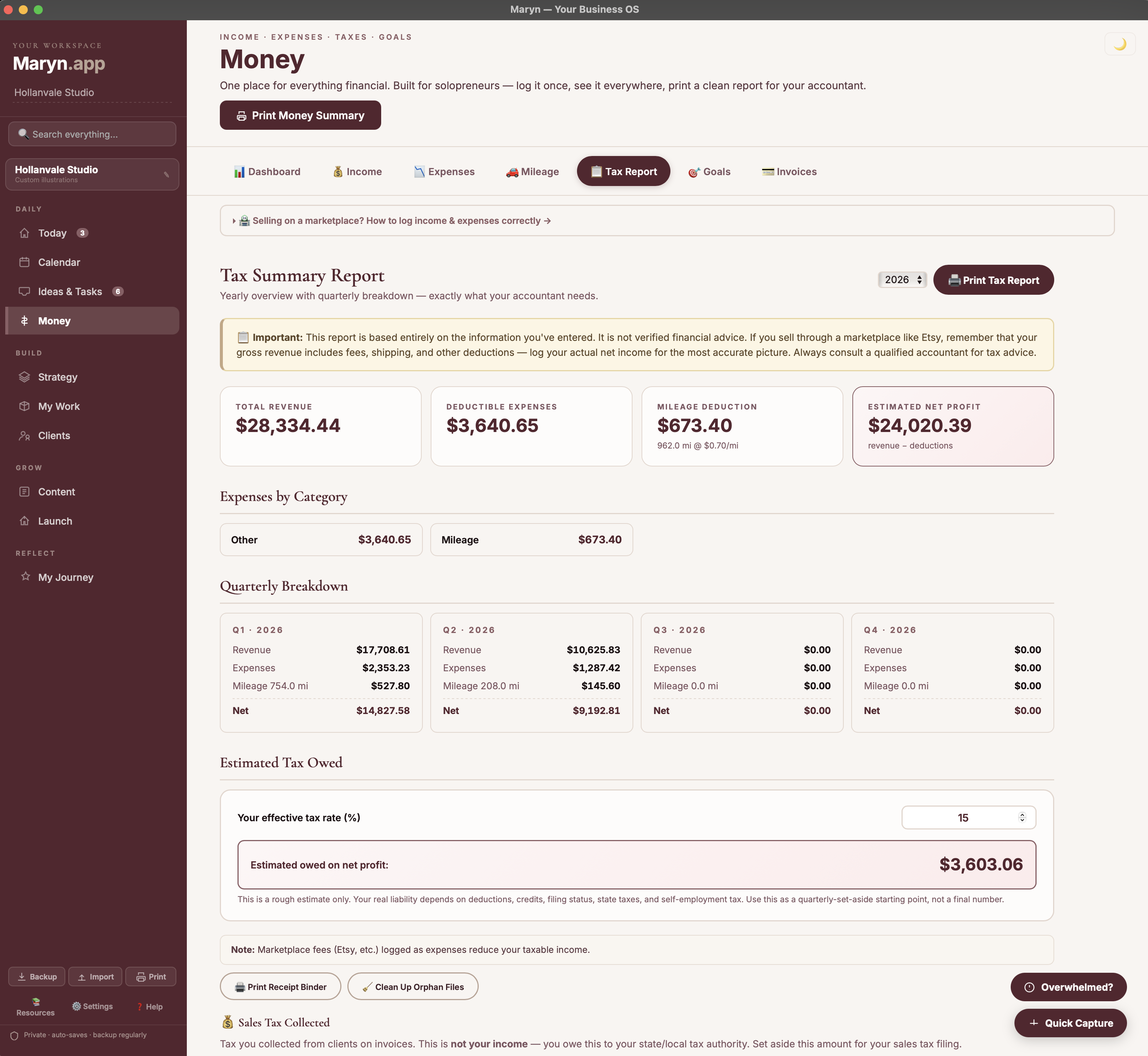 Maryn's Money tab — Tax Report showing quarterly breakdown, deductible expenses, and estimated tax owed