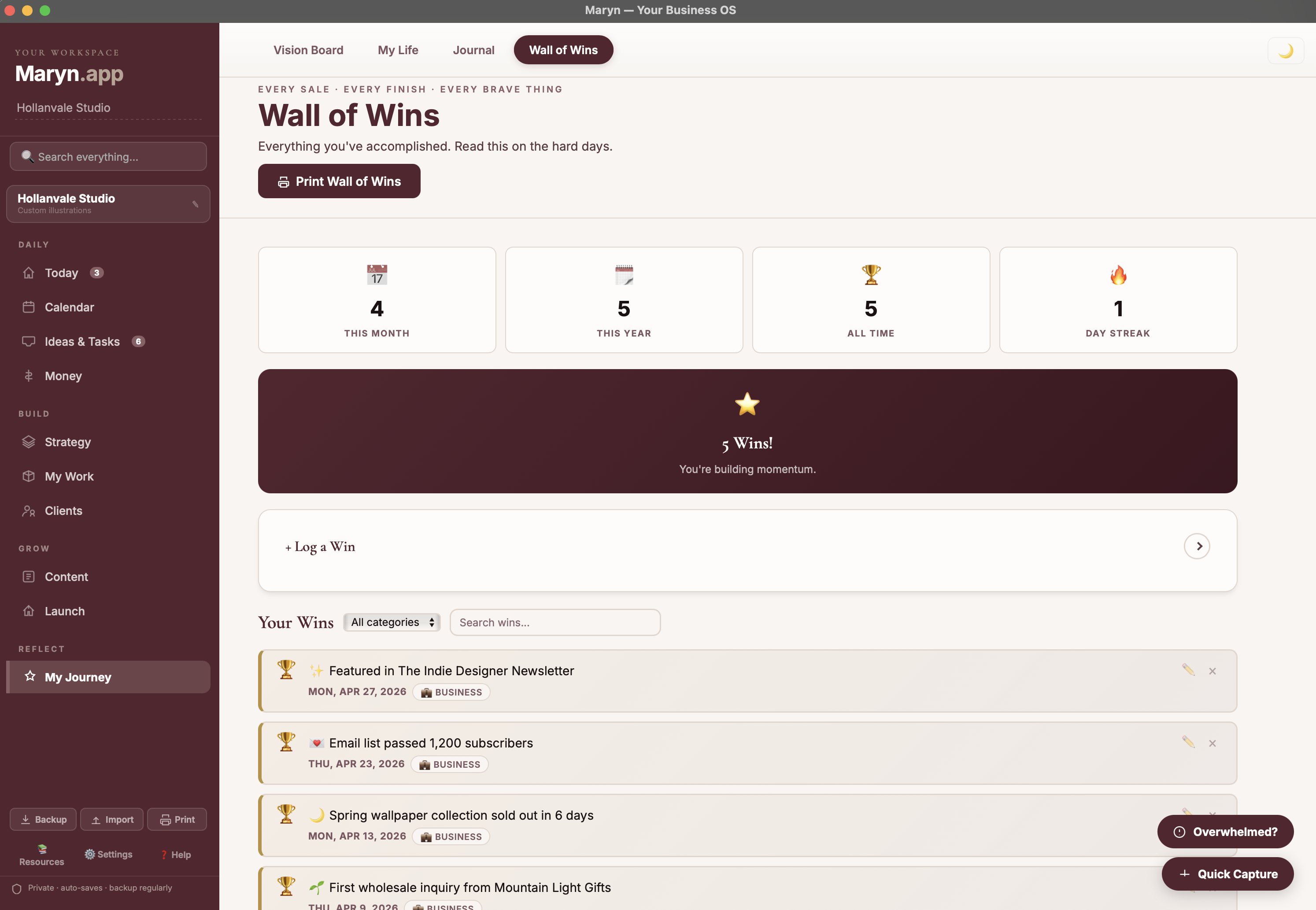 My Journey tab in Maryn showing vision board and wall of wins