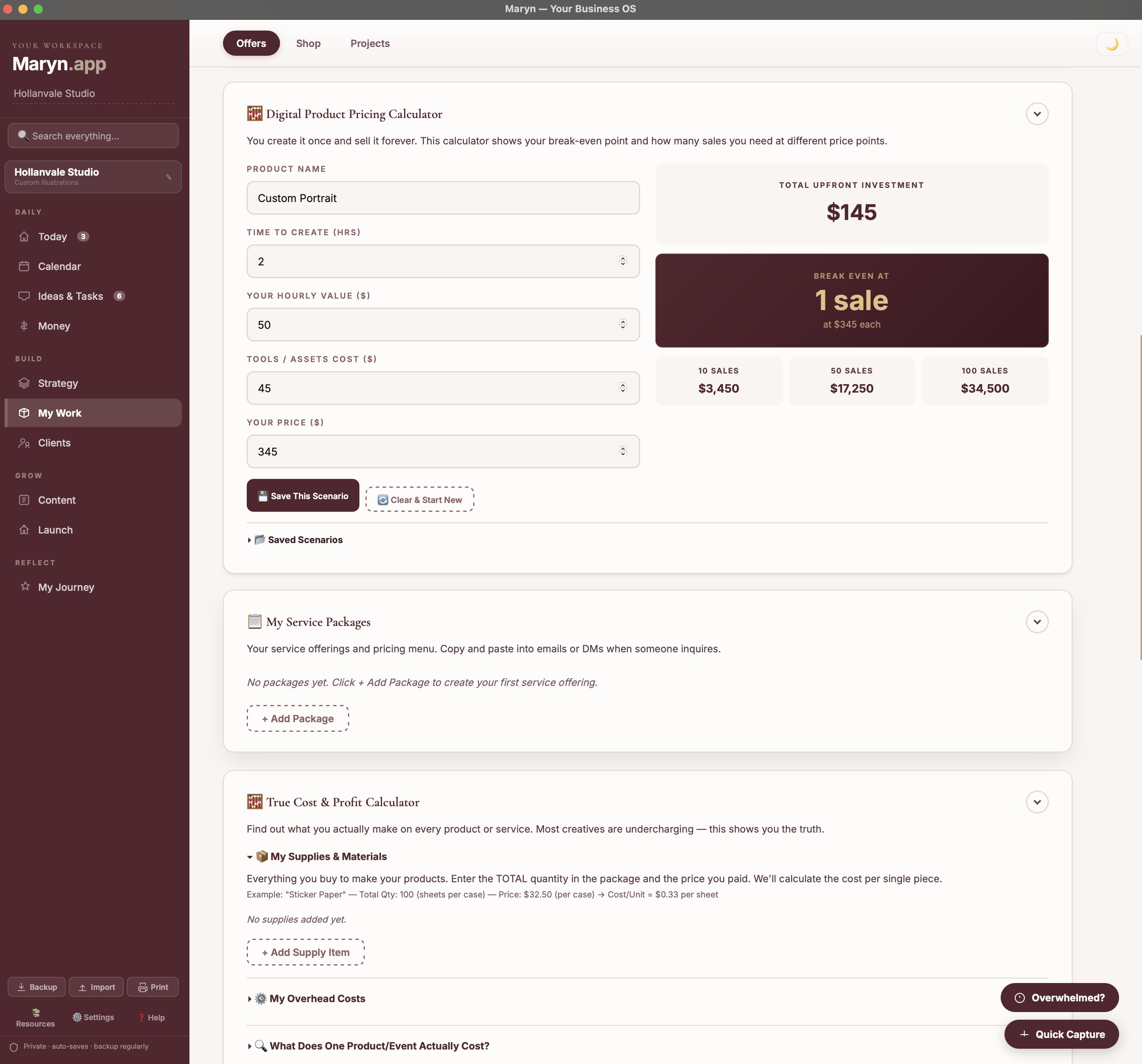 Maryn's Products tab — pricing and profit calculator showing break-even point and earnings at 10, 50, and 100 sales