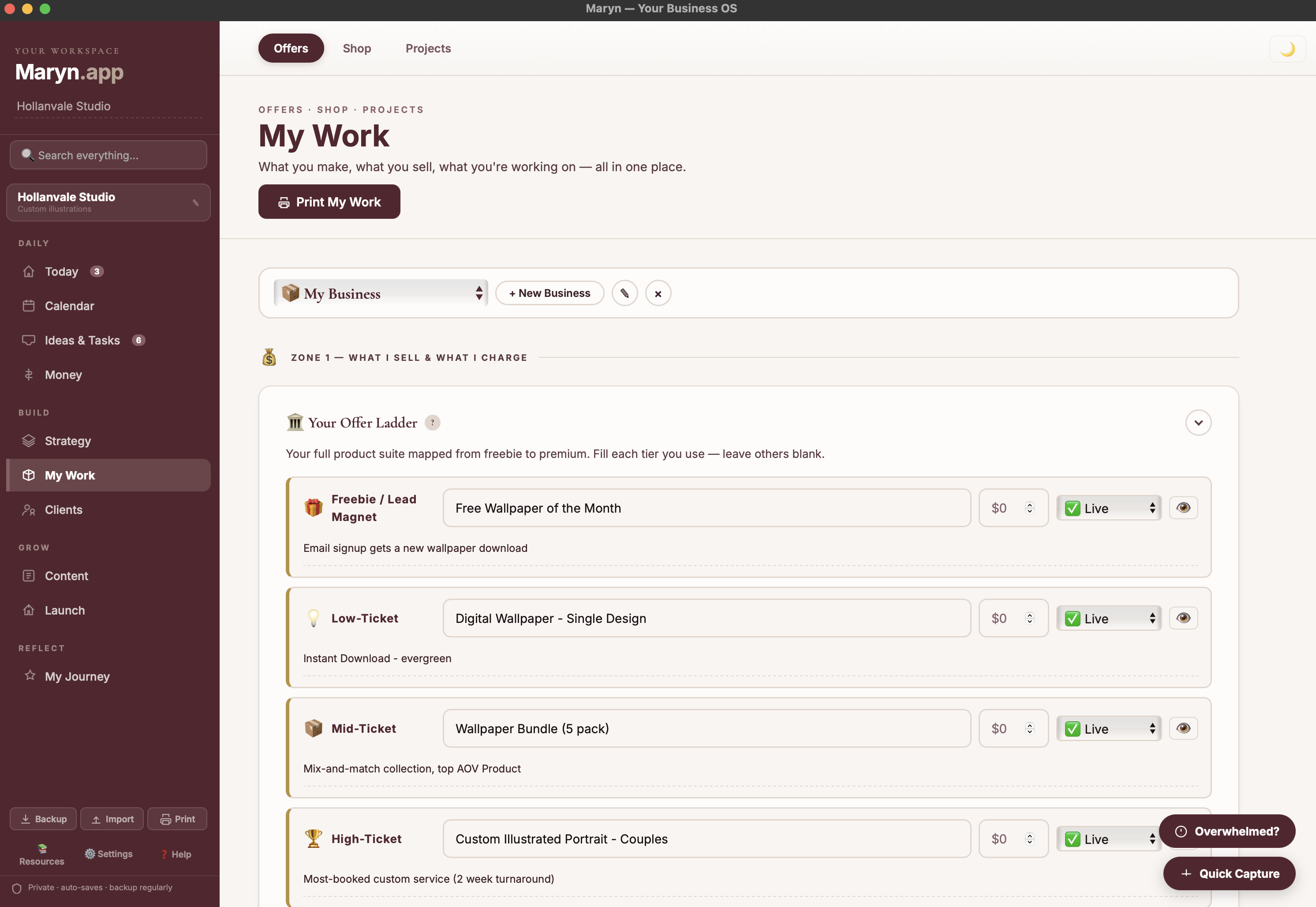 Products tab in Maryn showing offer ladder and pricing calculator