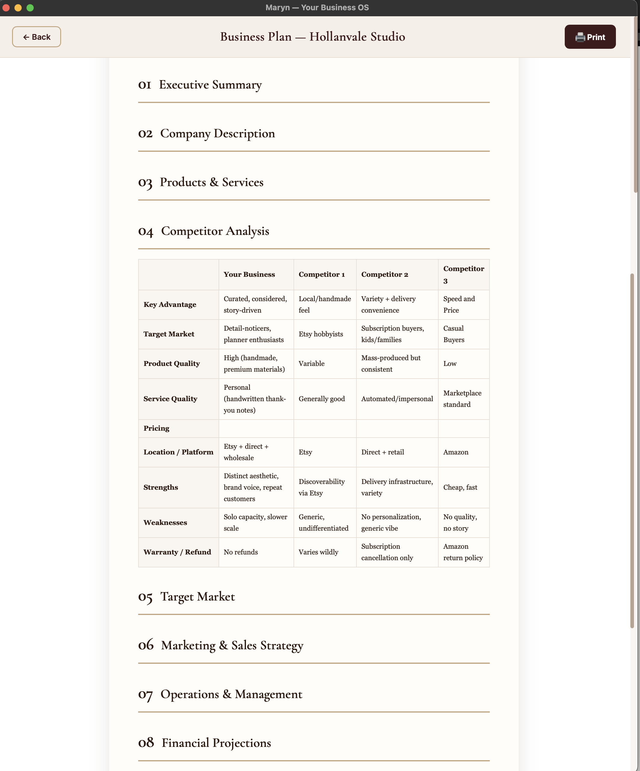 Maryn's Strategy tab — printed business plan with competitor analysis, target market, and 3-year financial forecast