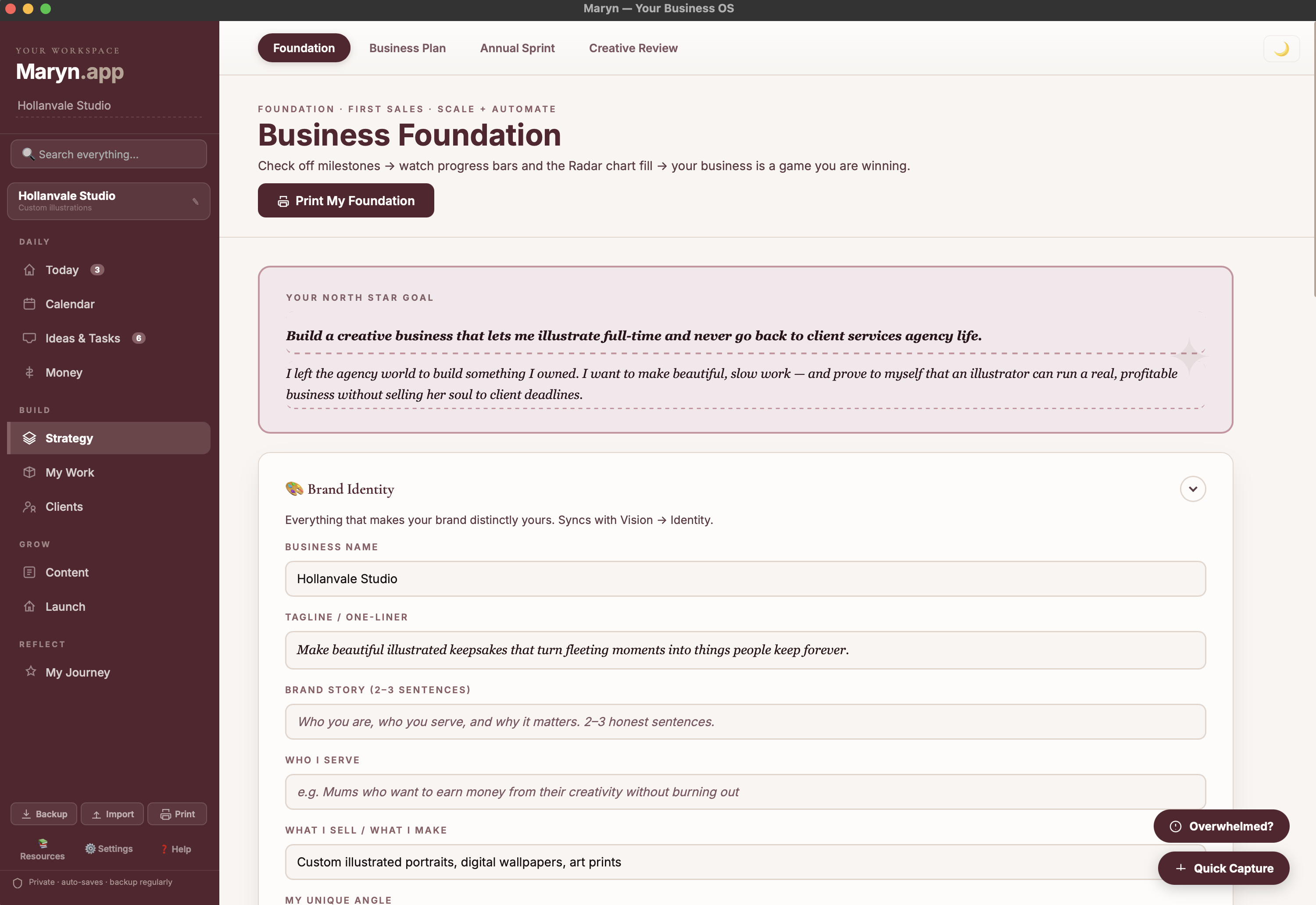 Strategy tab in Maryn showing business plan and quarterly goals
