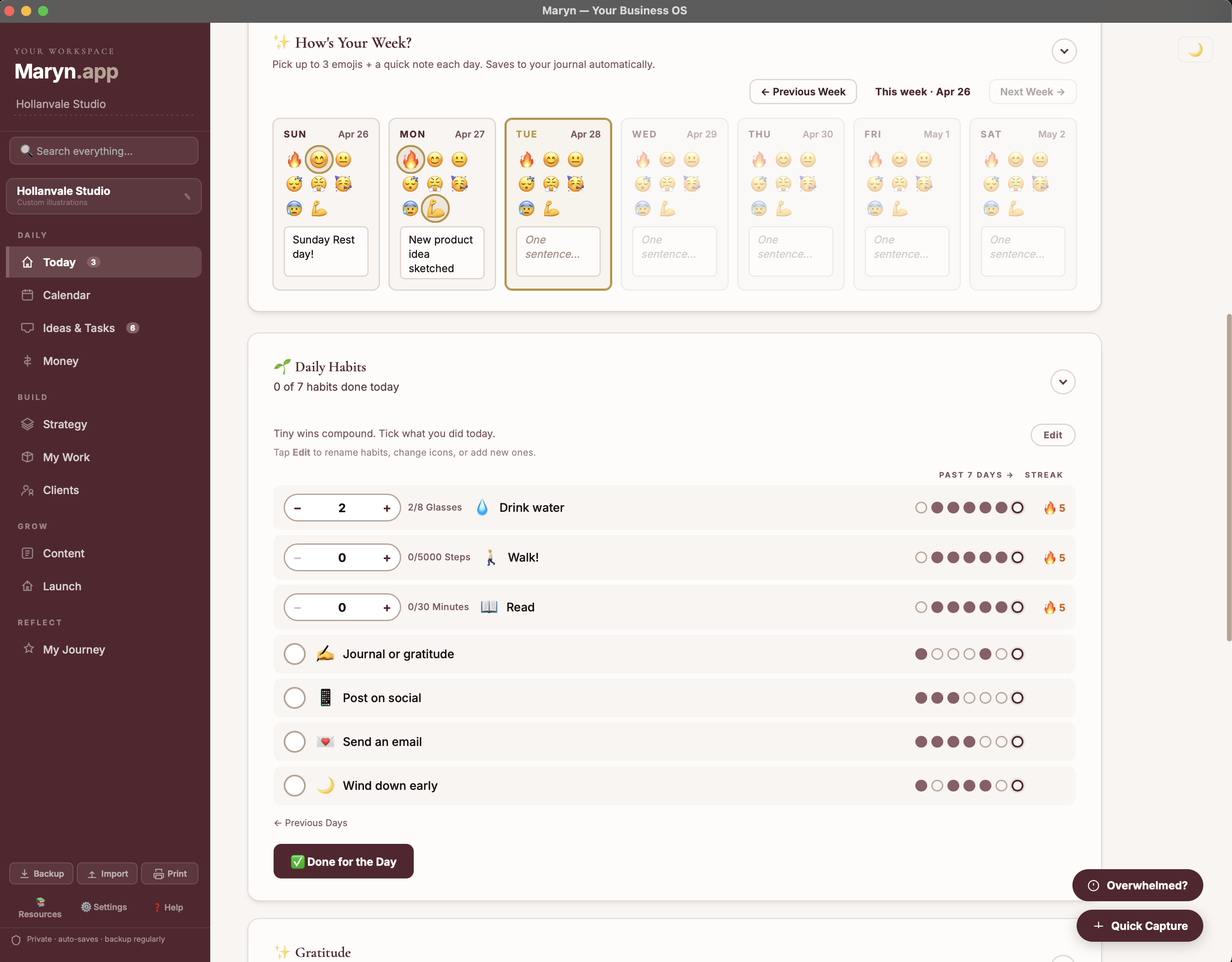 Maryn's Today tab showing weekly mood tracker and daily habits with streaks and 7-day history