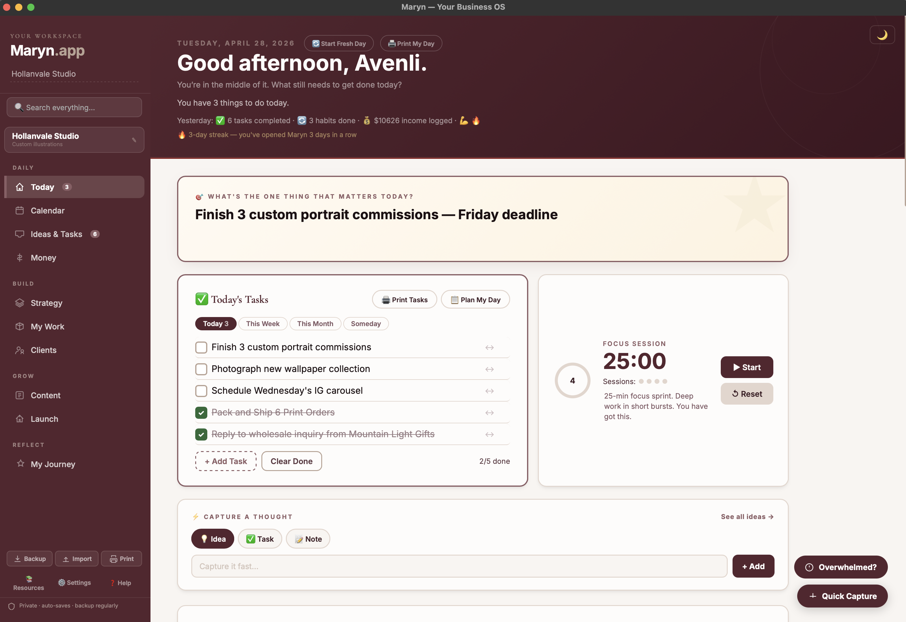 Today tab in Maryn showing daily priority, task list, and focus timer
